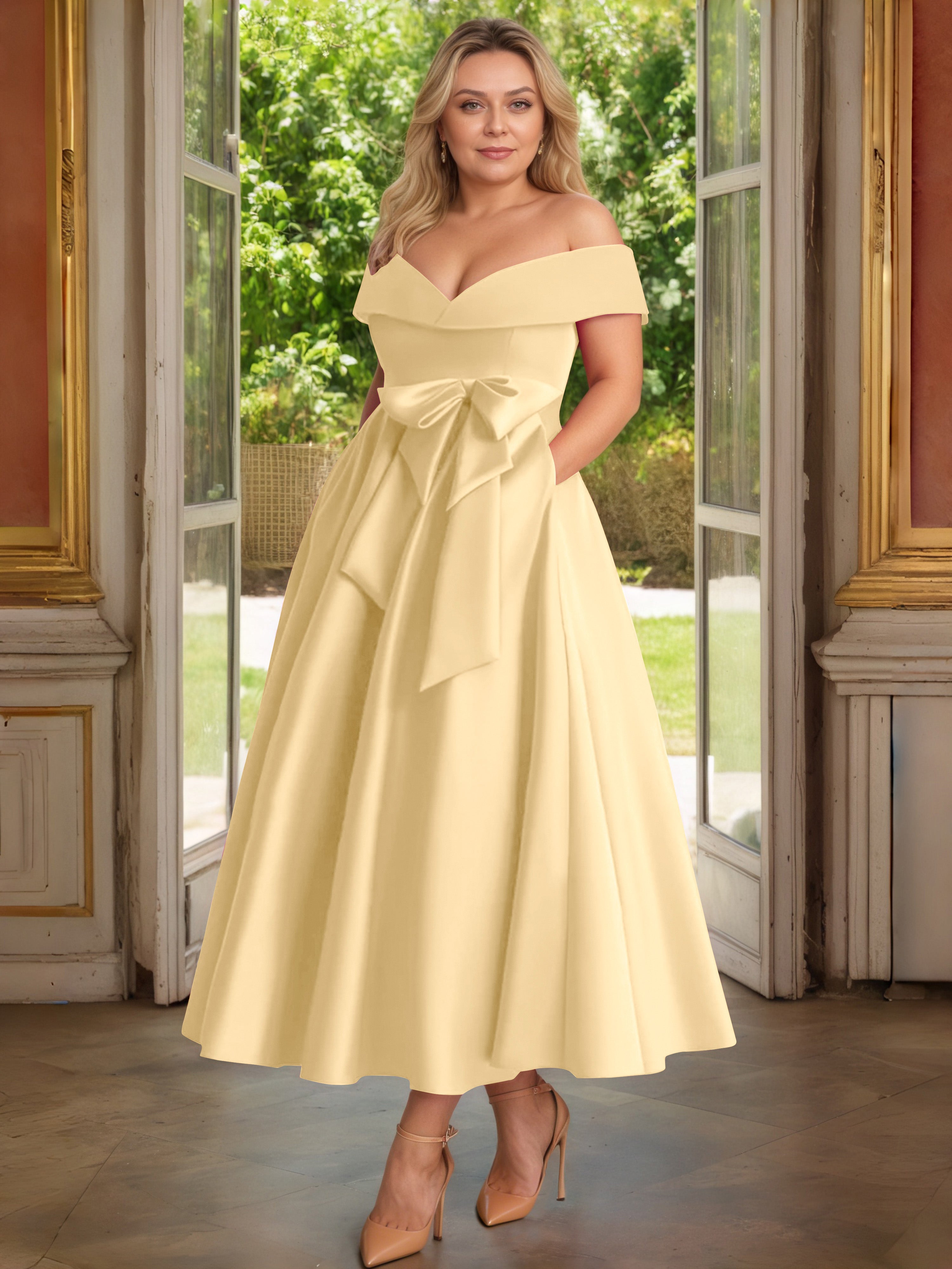 Cicinia Or Cicinia Robe Grande Taille Mère De La Mariée Longue A-Line En Satin Épaules Dénudées Avec Nœud Papillon Longueur Cheville