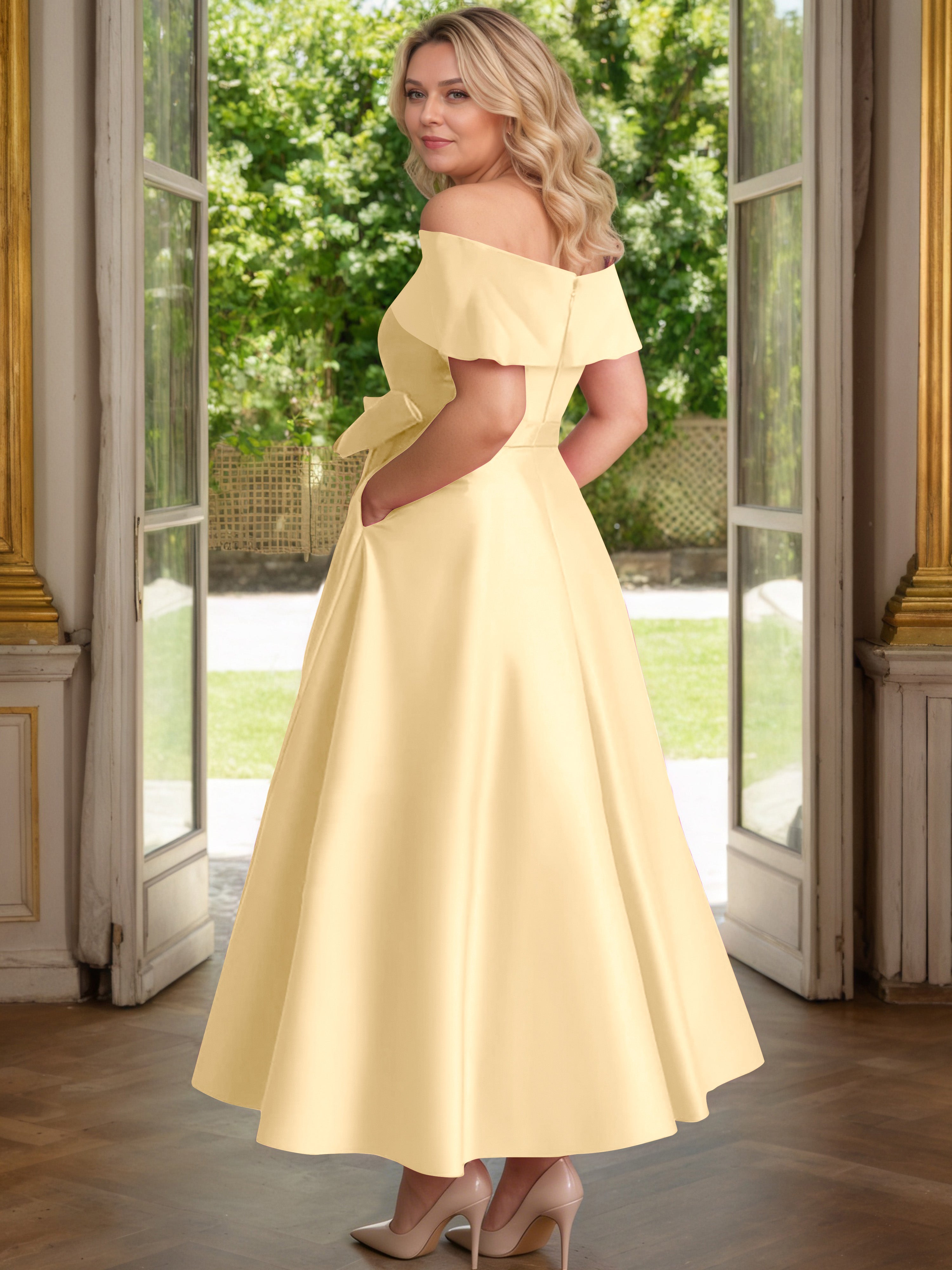 Cicinia Or Cicinia Robe Grande Taille Mère De La Mariée Longue A-Line En Satin Épaules Dénudées Avec Nœud Papillon Longueur Cheville