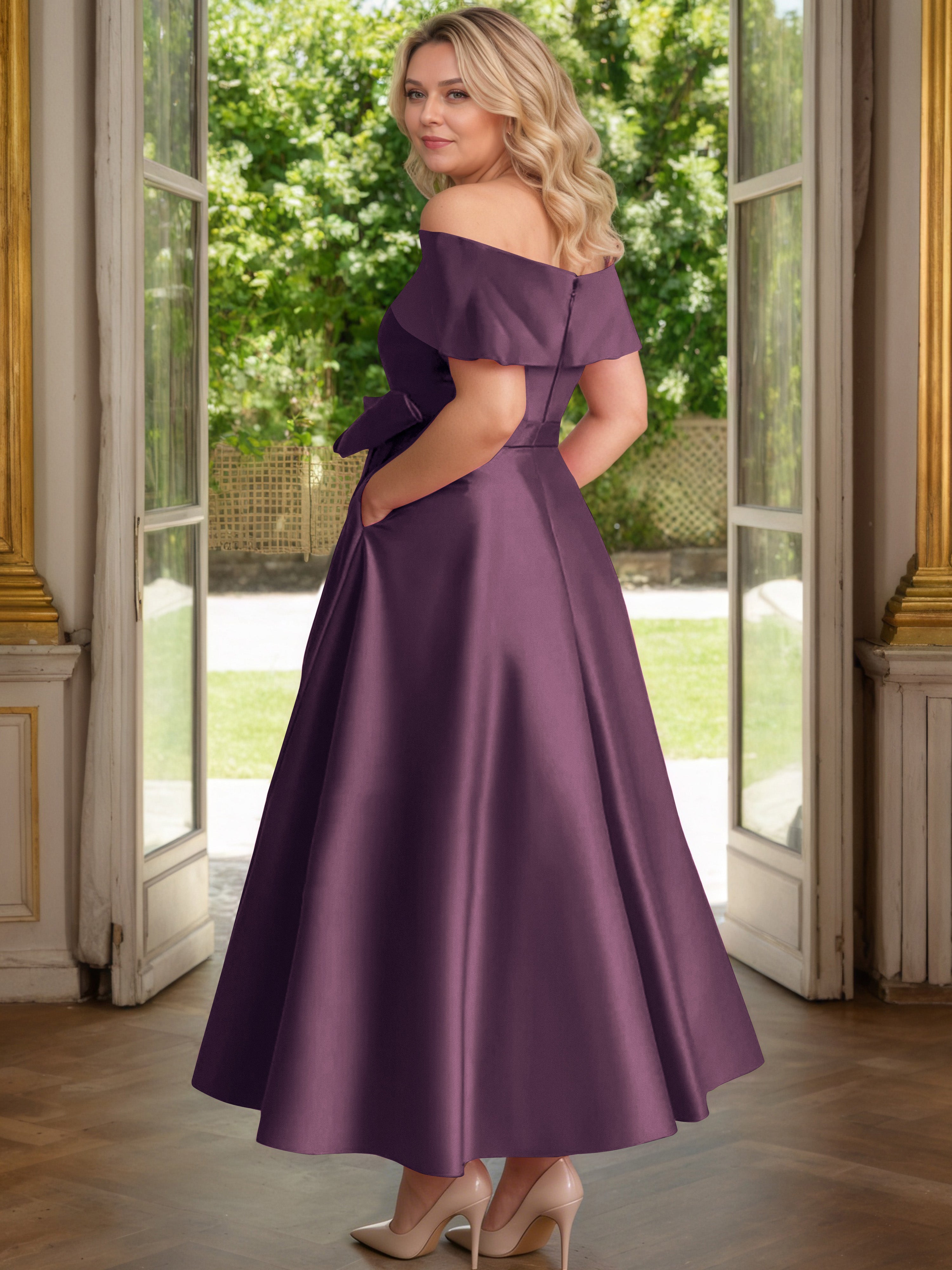 Cicinia Raisin Cicinia Robe Grande Taille Mère De La Mariée Longue A-Line En Satin Épaules Dénudées Avec Nœud Papillon Longueur Cheville