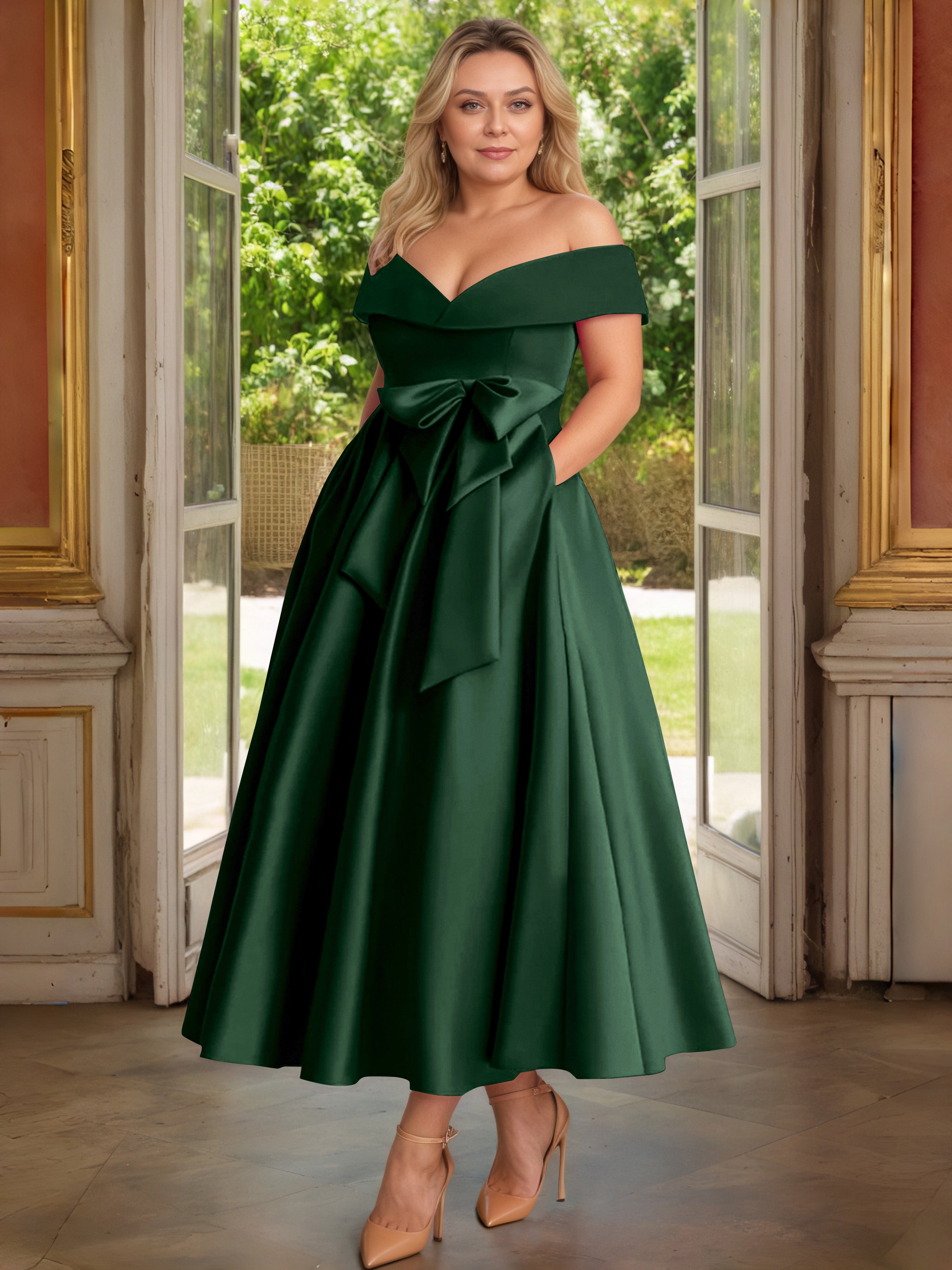 Cicinia Vert Chasseur Cicinia Robe Grande Taille Mère De La Mariée Longue A-Line En Satin Épaules Dénudées Avec Nœud Papillon Longueur Cheville