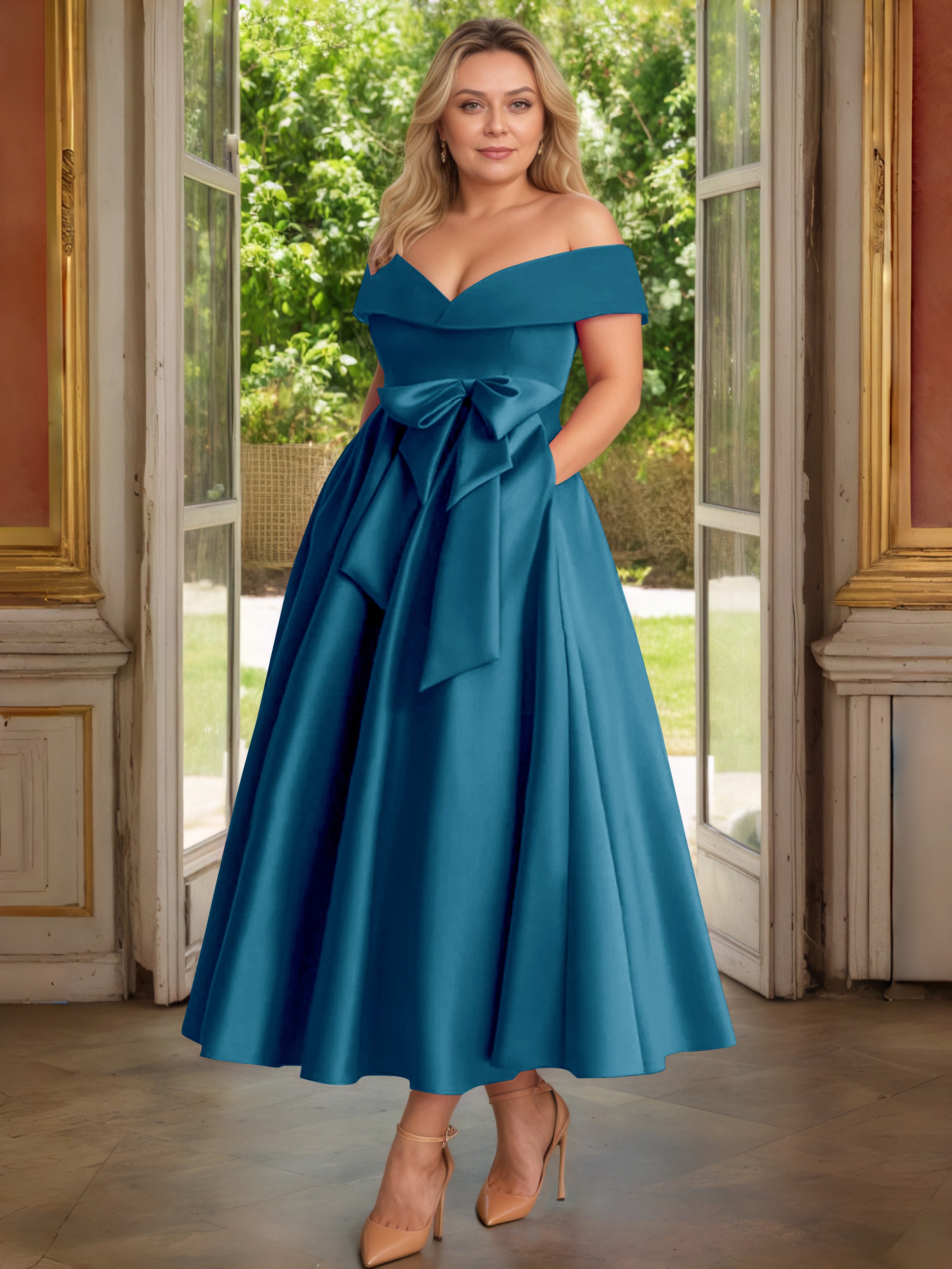 Cicinia Bleu Encre Cicinia Robe Grande Taille Mère De La Mariée Longue A-Line En Satin Épaules Dénudées Avec Nœud Papillon Longueur Cheville