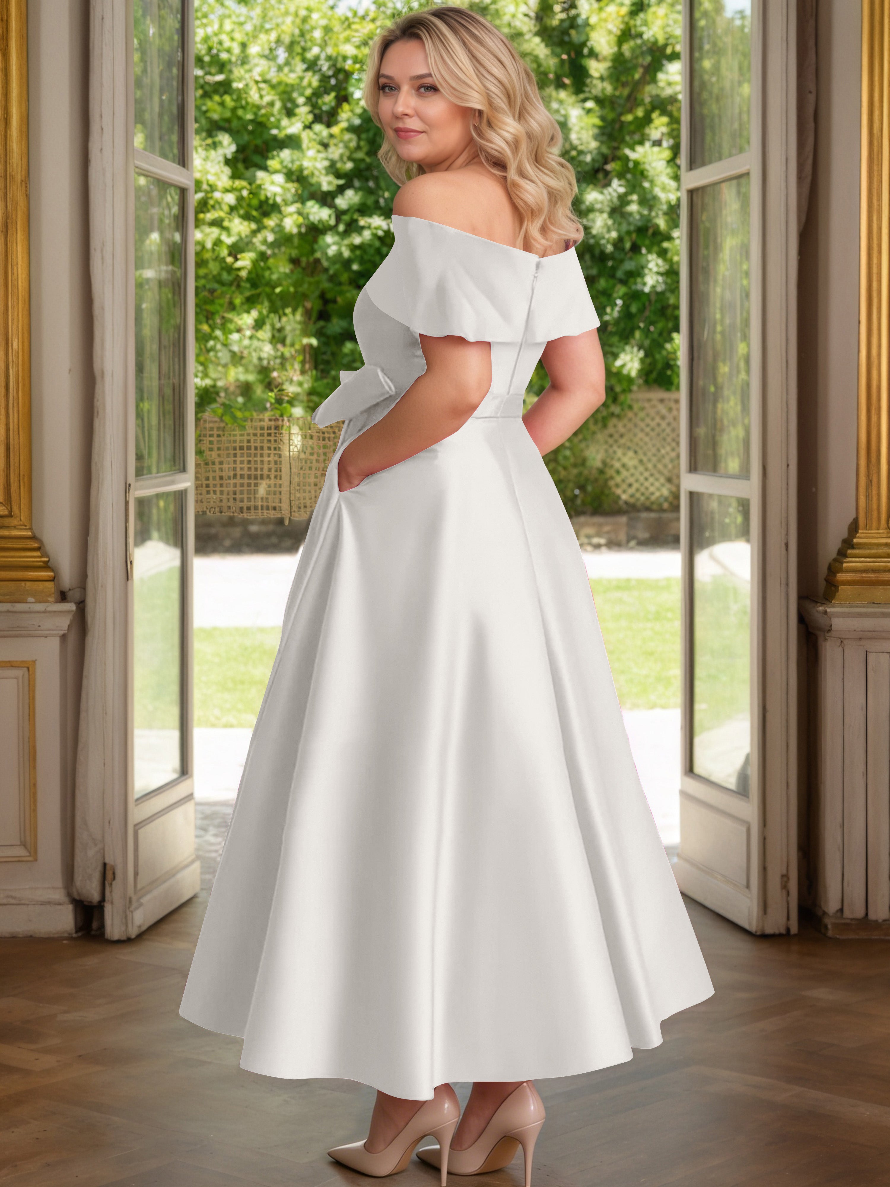 Cicinia Ivoire Cicinia Robe Grande Taille Mère De La Mariée Longue A-Line En Satin Épaules Dénudées Avec Nœud Papillon Longueur Cheville