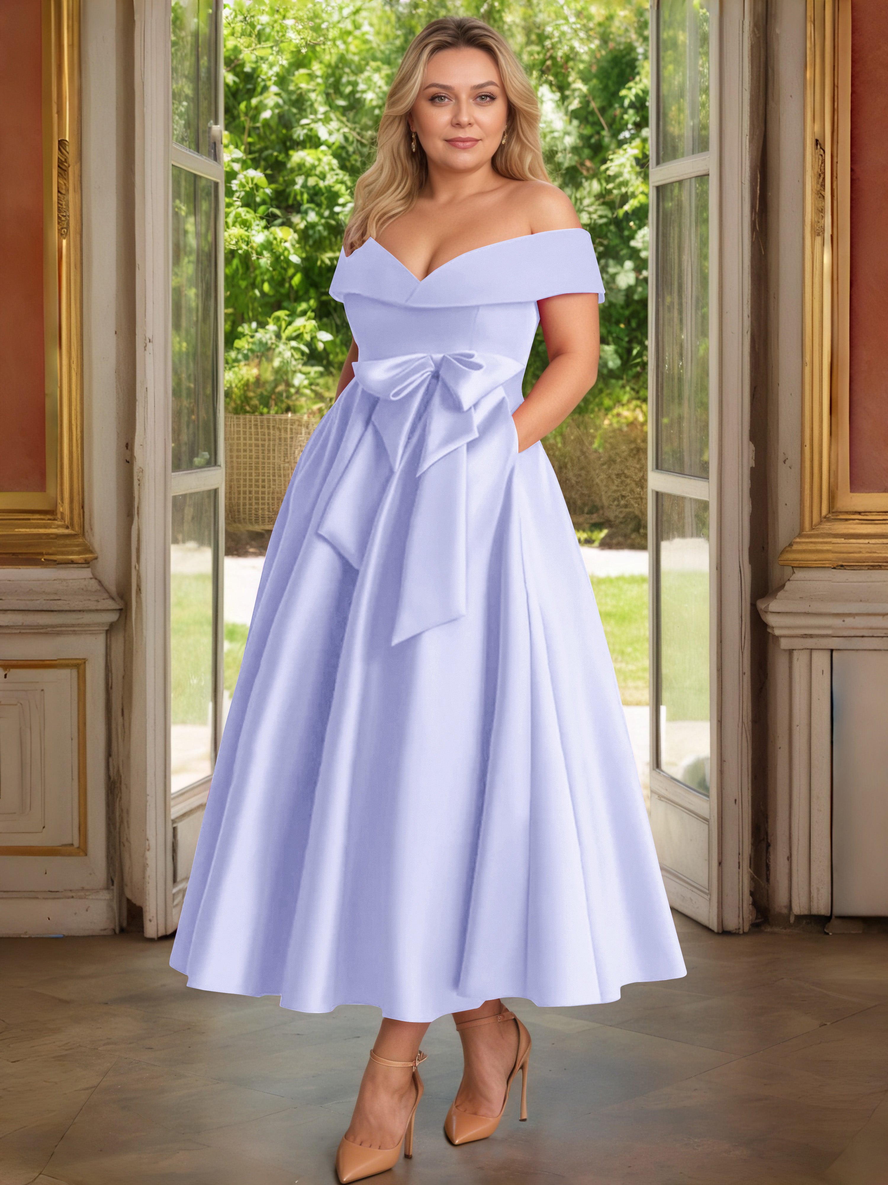 Cicinia Lavande Cicinia Robe Grande Taille Mère De La Mariée Longue A-Line En Satin Épaules Dénudées Avec Nœud Papillon Longueur Cheville