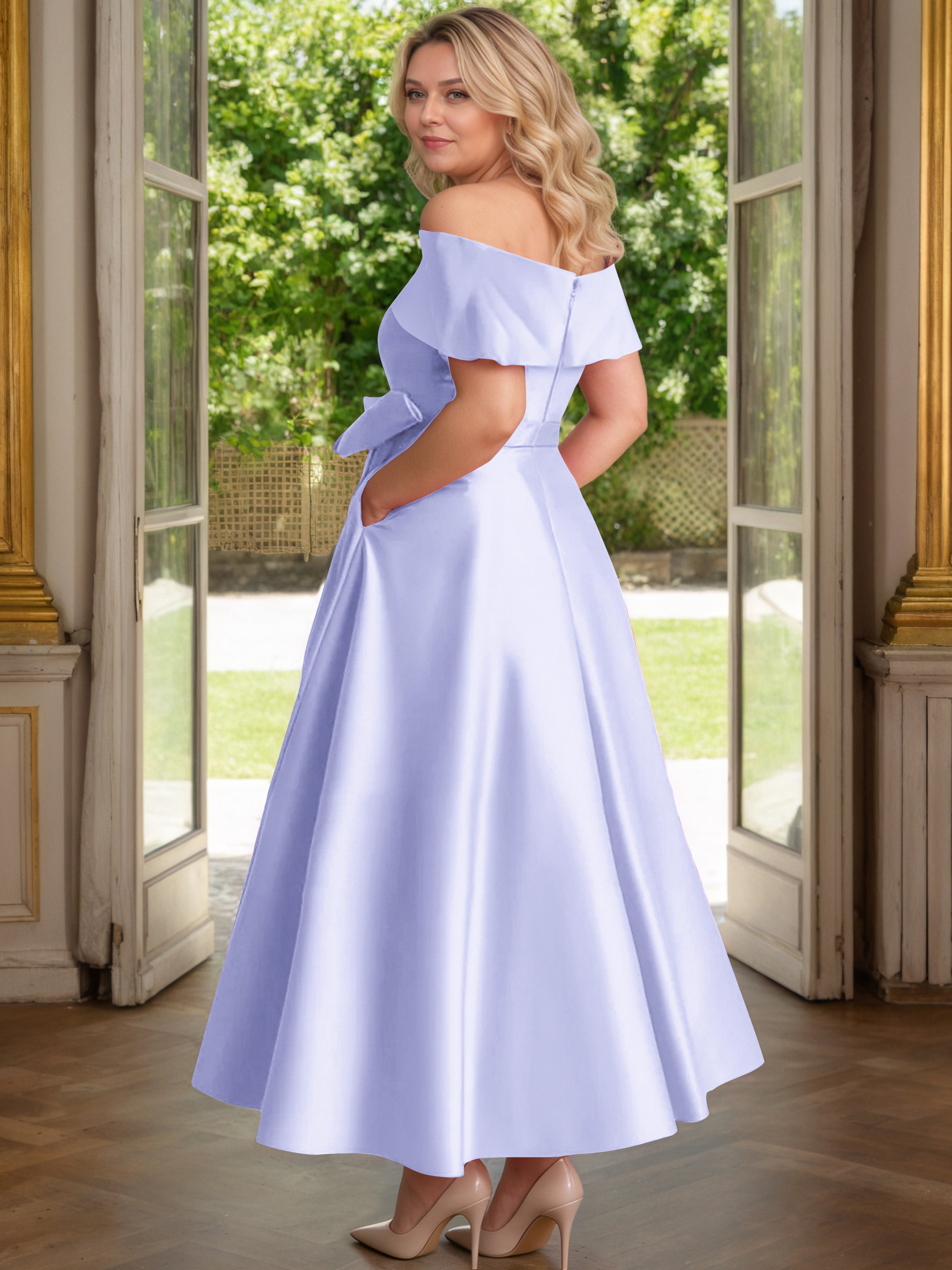 Cicinia Lavande Cicinia Robe Grande Taille Mère De La Mariée Longue A-Line En Satin Épaules Dénudées Avec Nœud Papillon Longueur Cheville