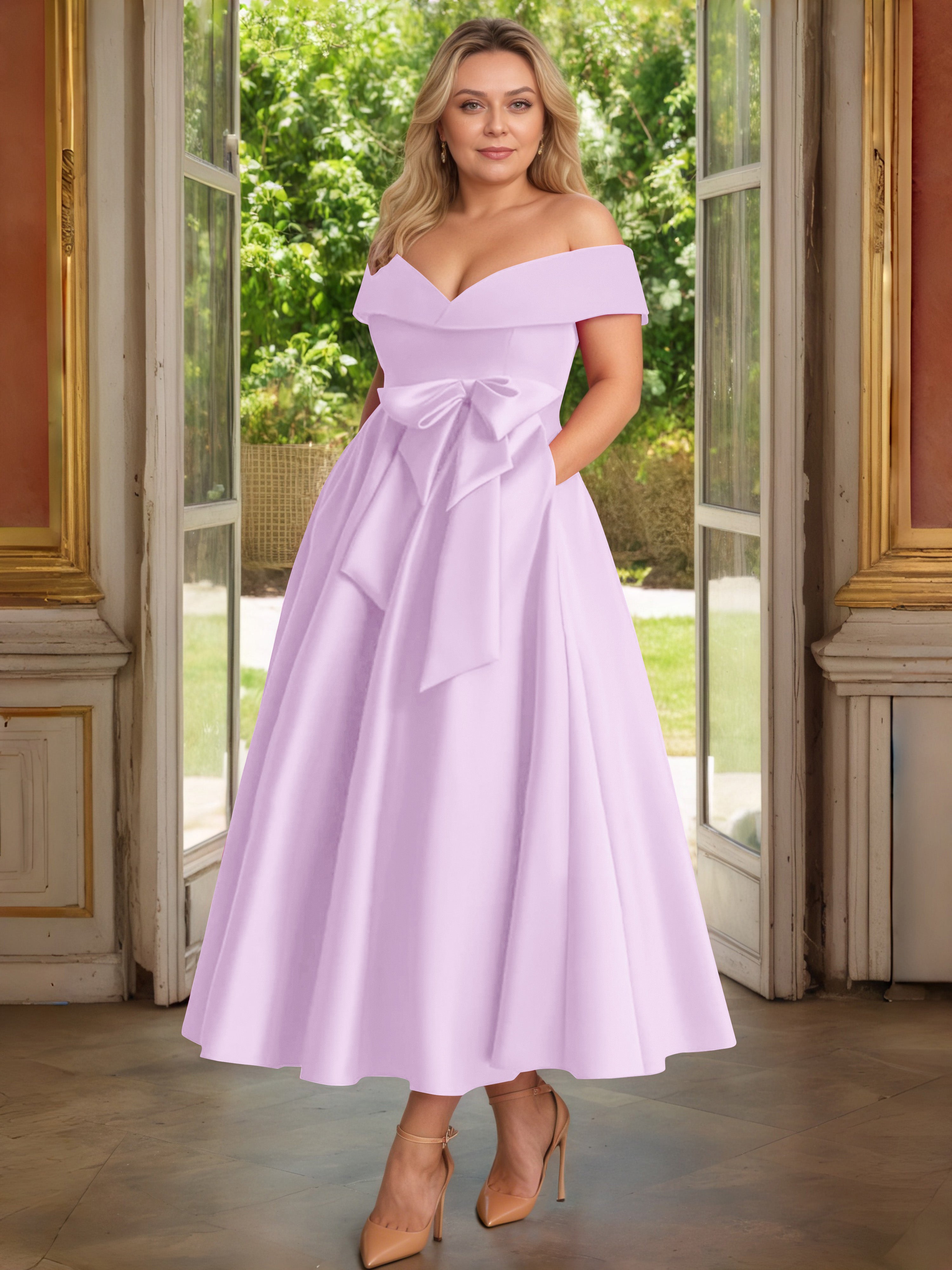 Cicinia Lilas Cicinia Robe Grande Taille Mère De La Mariée Longue A-Line En Satin Épaules Dénudées Avec Nœud Papillon Longueur Cheville