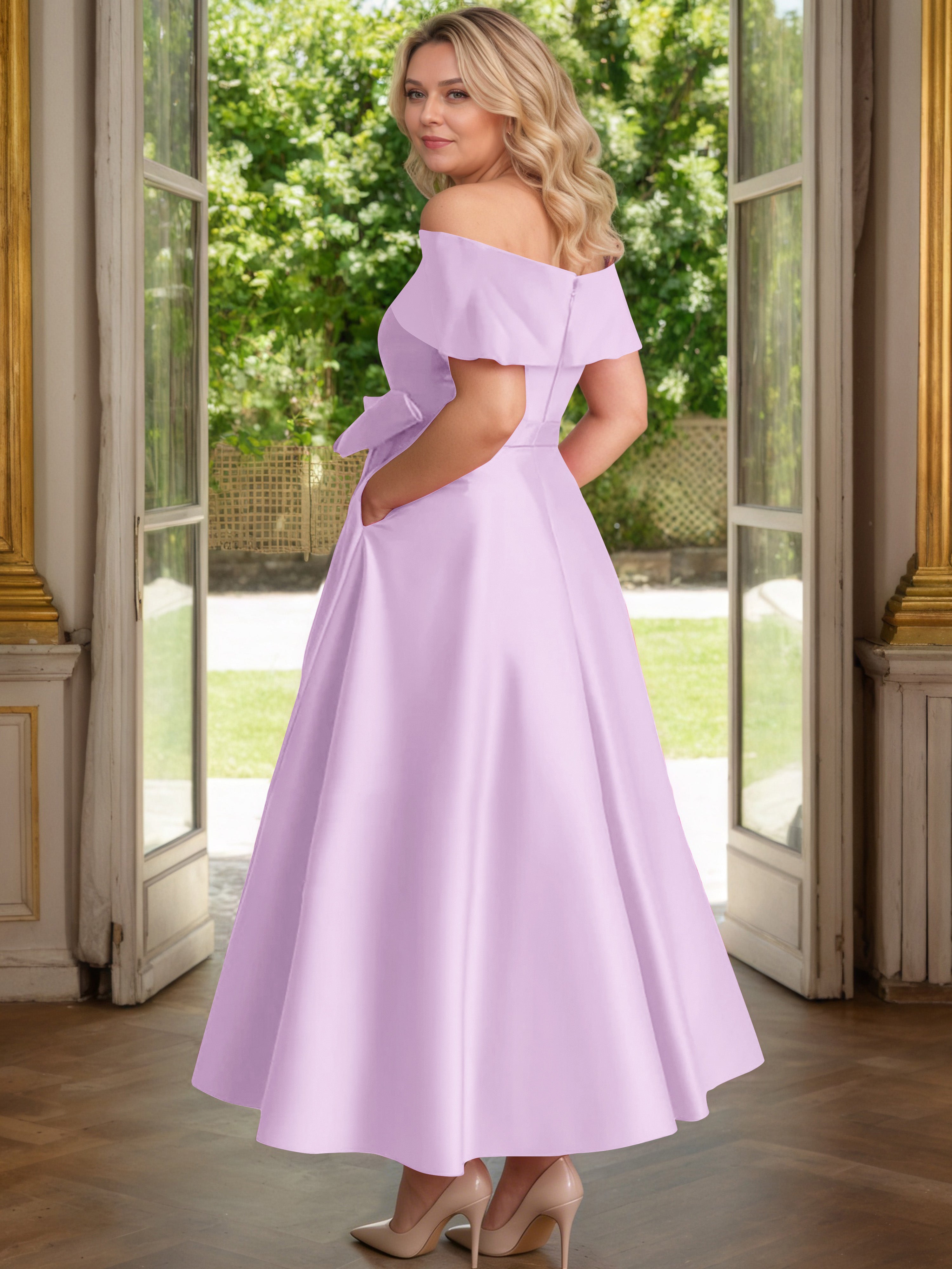 Cicinia Lilas Cicinia Robe Grande Taille Mère De La Mariée Longue A-Line En Satin Épaules Dénudées Avec Nœud Papillon Longueur Cheville