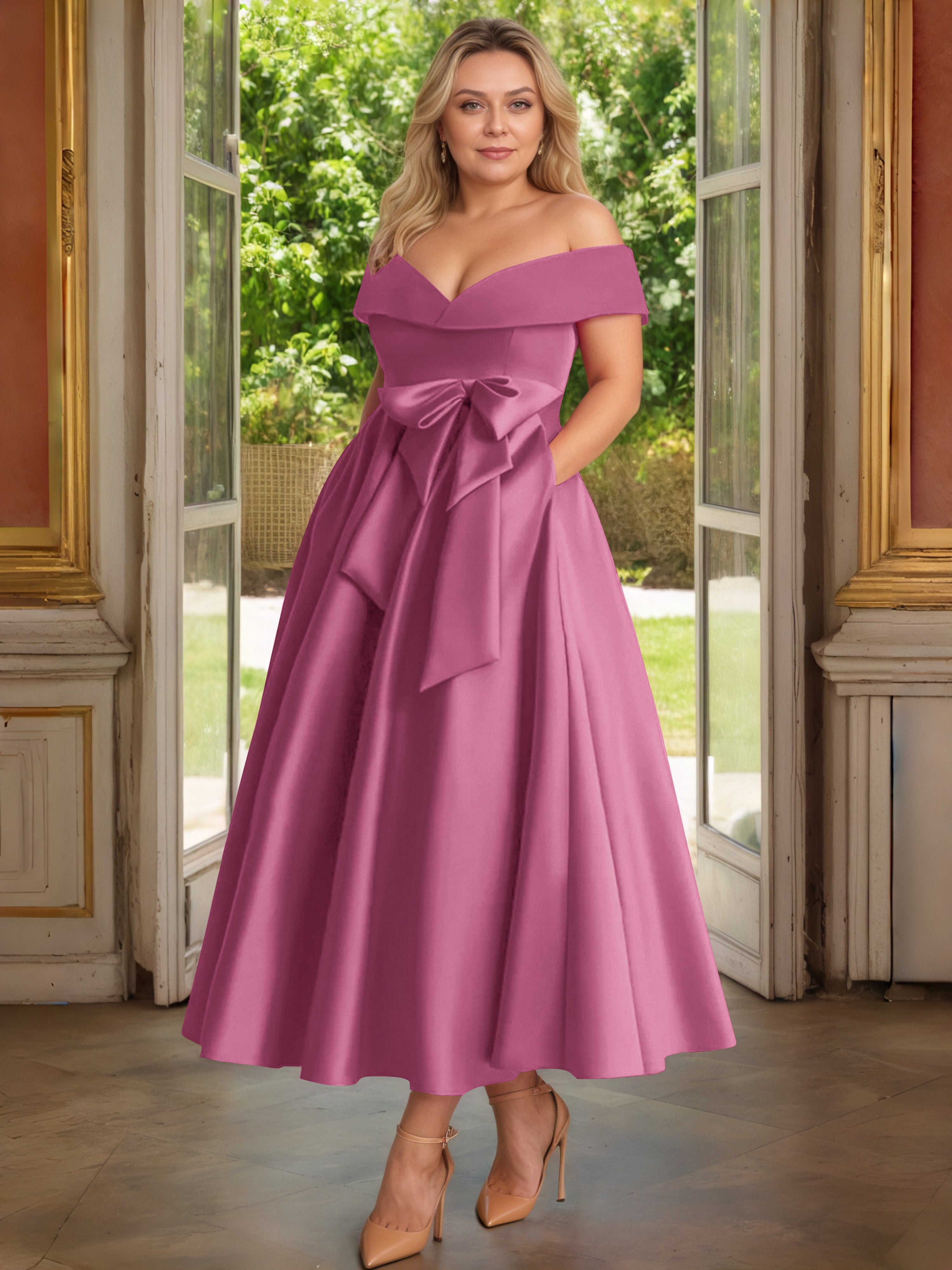 Cicinia Mûre Cicinia Robe Grande Taille Mère De La Mariée Longue A-Line En Satin Épaules Dénudées Avec Nœud Papillon Longueur Cheville