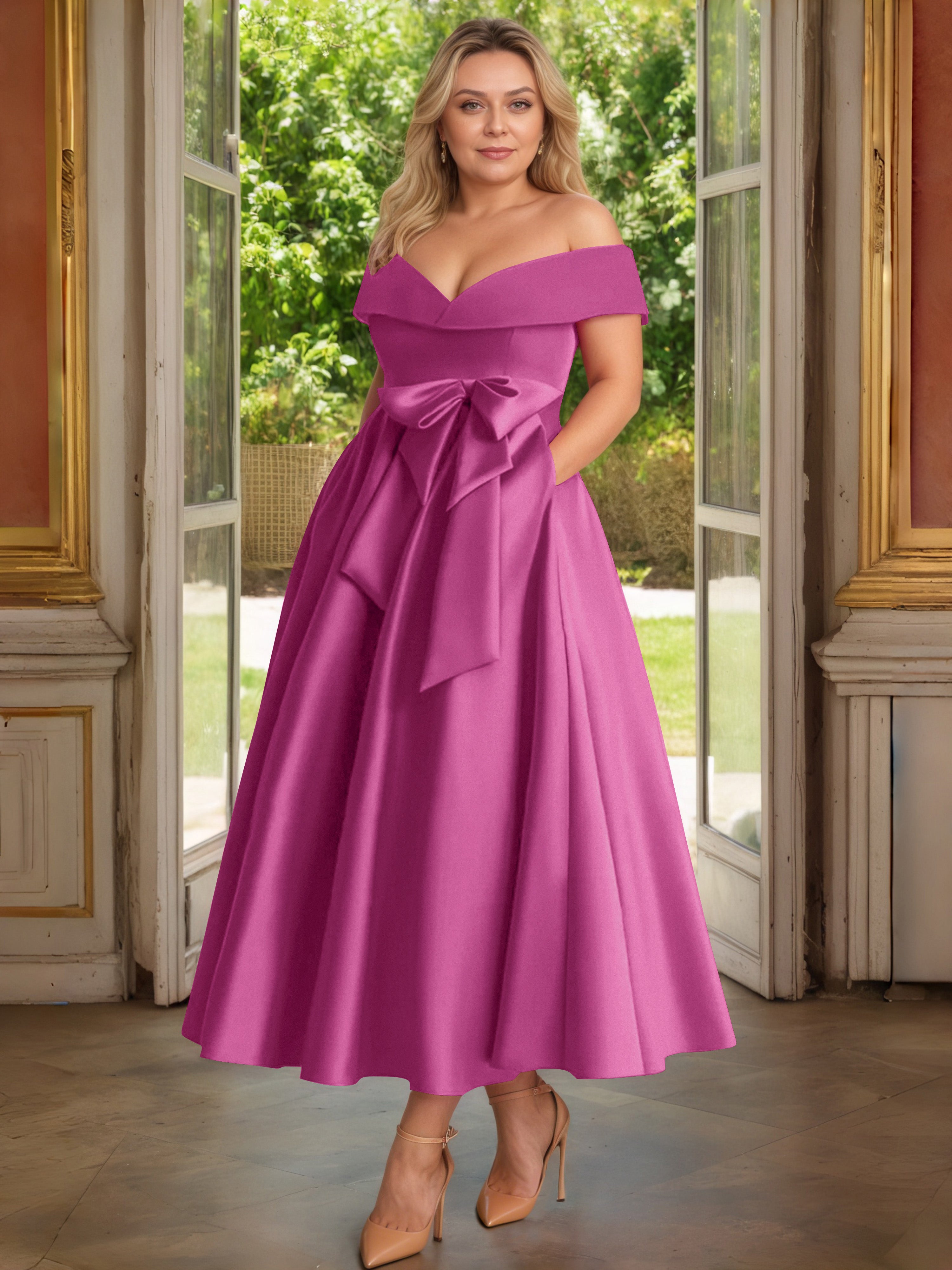 Cicinia Orchidée Cicinia Robe Grande Taille Mère De La Mariée Longue A-Line En Satin Épaules Dénudées Avec Nœud Papillon Longueur Cheville