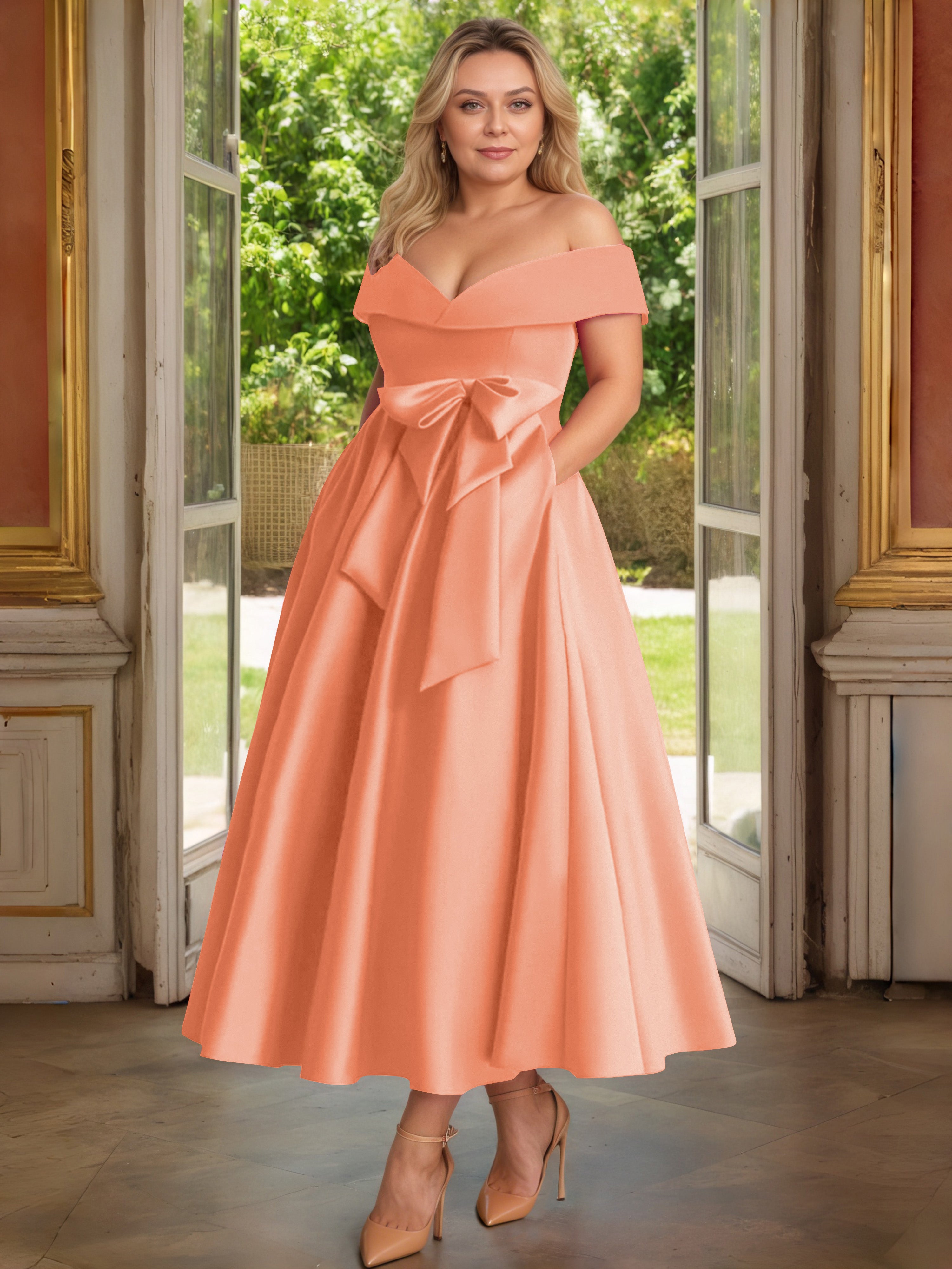 Cicinia Papaye Cicinia Robe Grande Taille Mère De La Mariée Longue A-Line En Satin Épaules Dénudées Avec Nœud Papillon Longueur Cheville