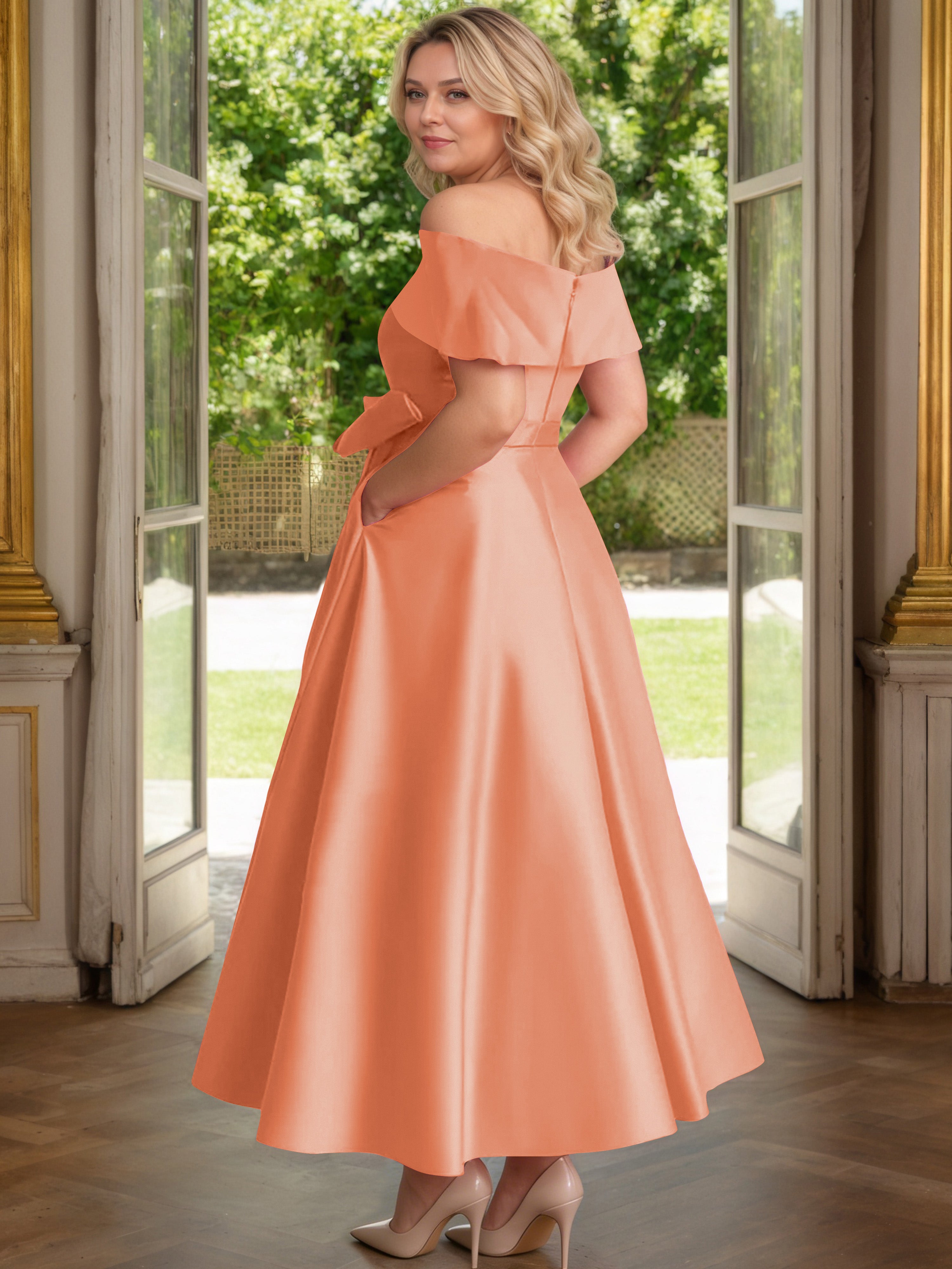 Cicinia Papaye Cicinia Robe Grande Taille Mère De La Mariée Longue A-Line En Satin Épaules Dénudées Avec Nœud Papillon Longueur Cheville