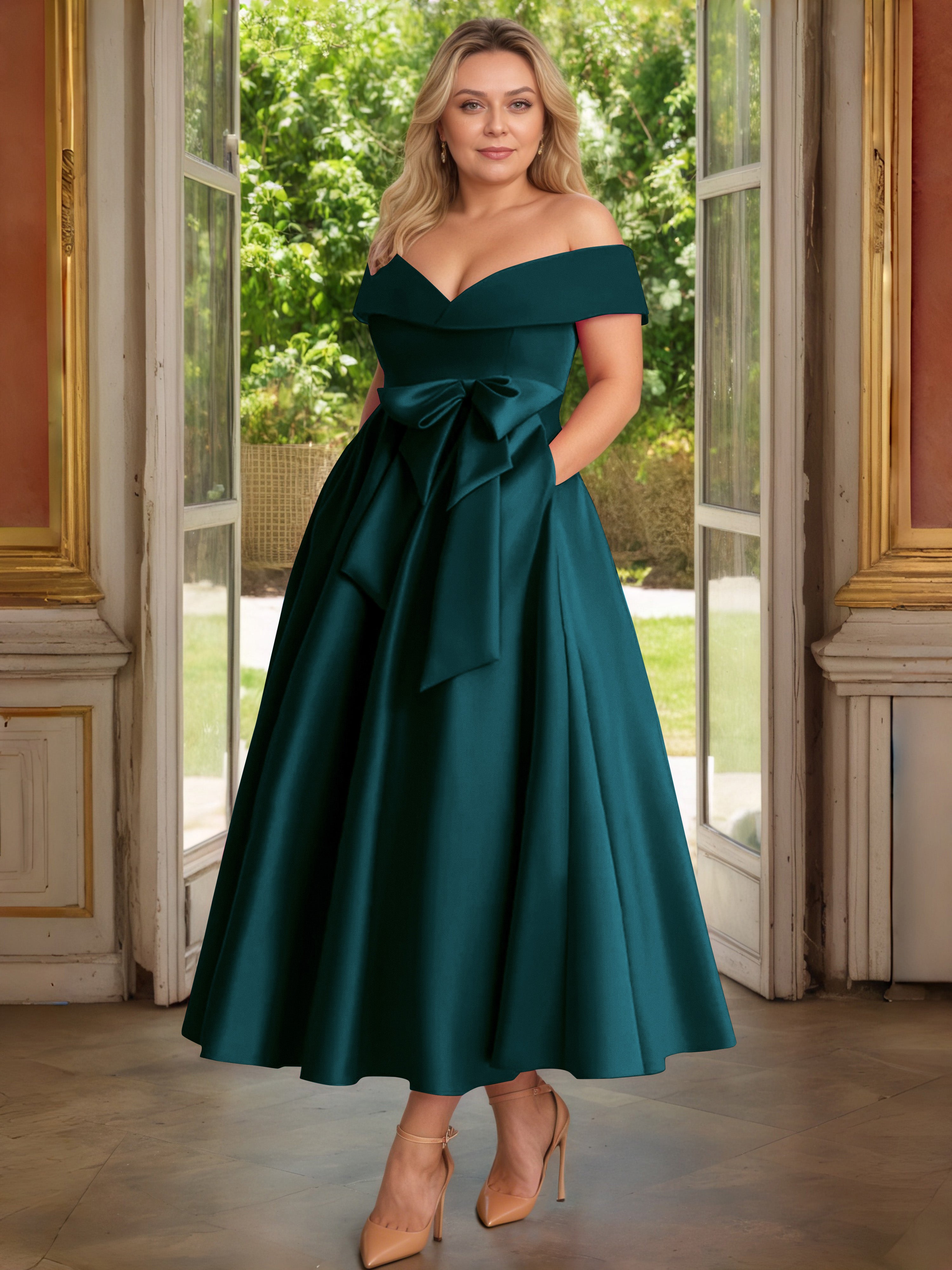 Cicinia Paon Cicinia Robe Grande Taille Mère De La Mariée Longue A-Line En Satin Épaules Dénudées Avec Nœud Papillon Longueur Cheville