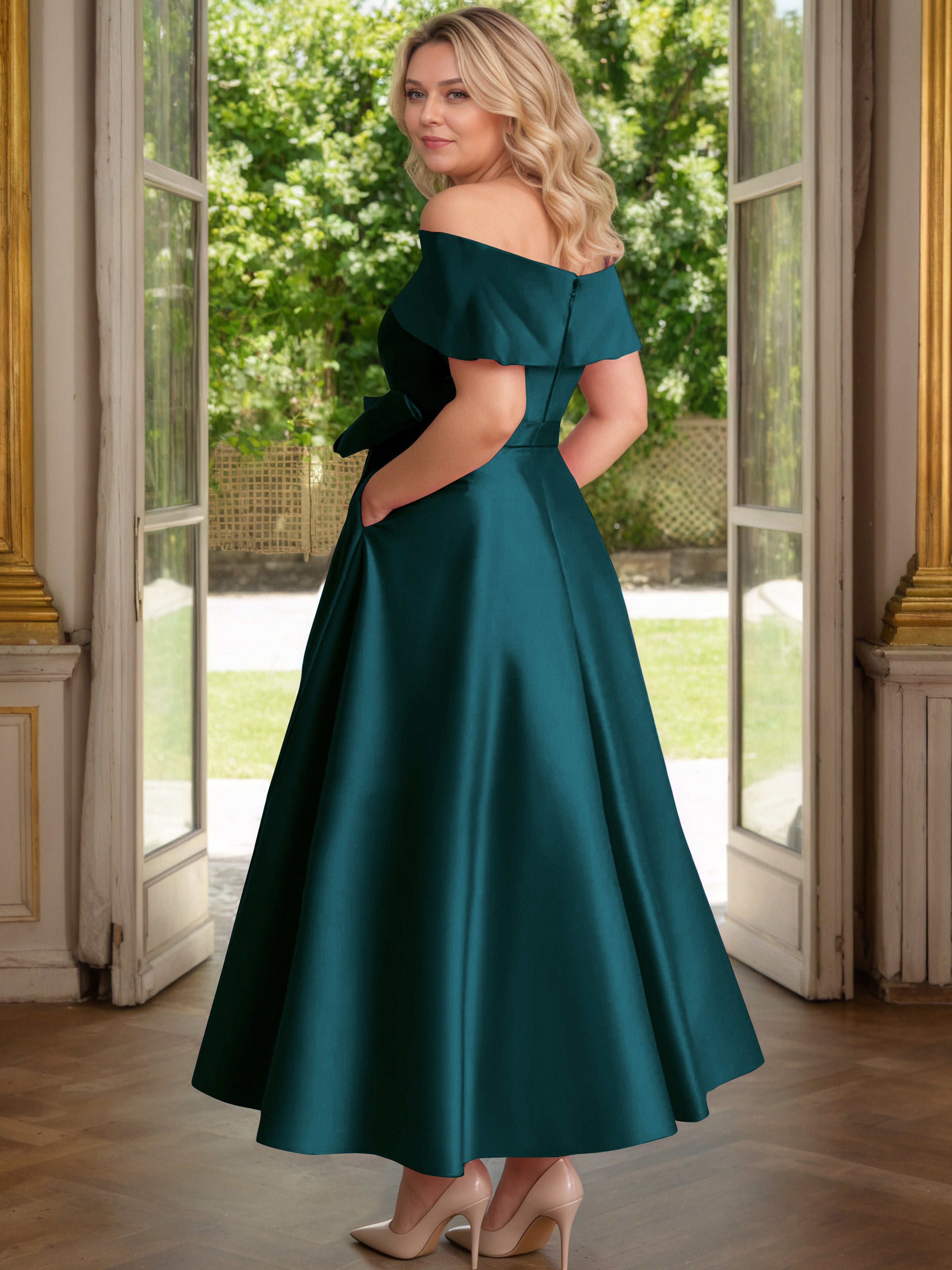 Cicinia Paon Cicinia Robe Grande Taille Mère De La Mariée Longue A-Line En Satin Épaules Dénudées Avec Nœud Papillon Longueur Cheville