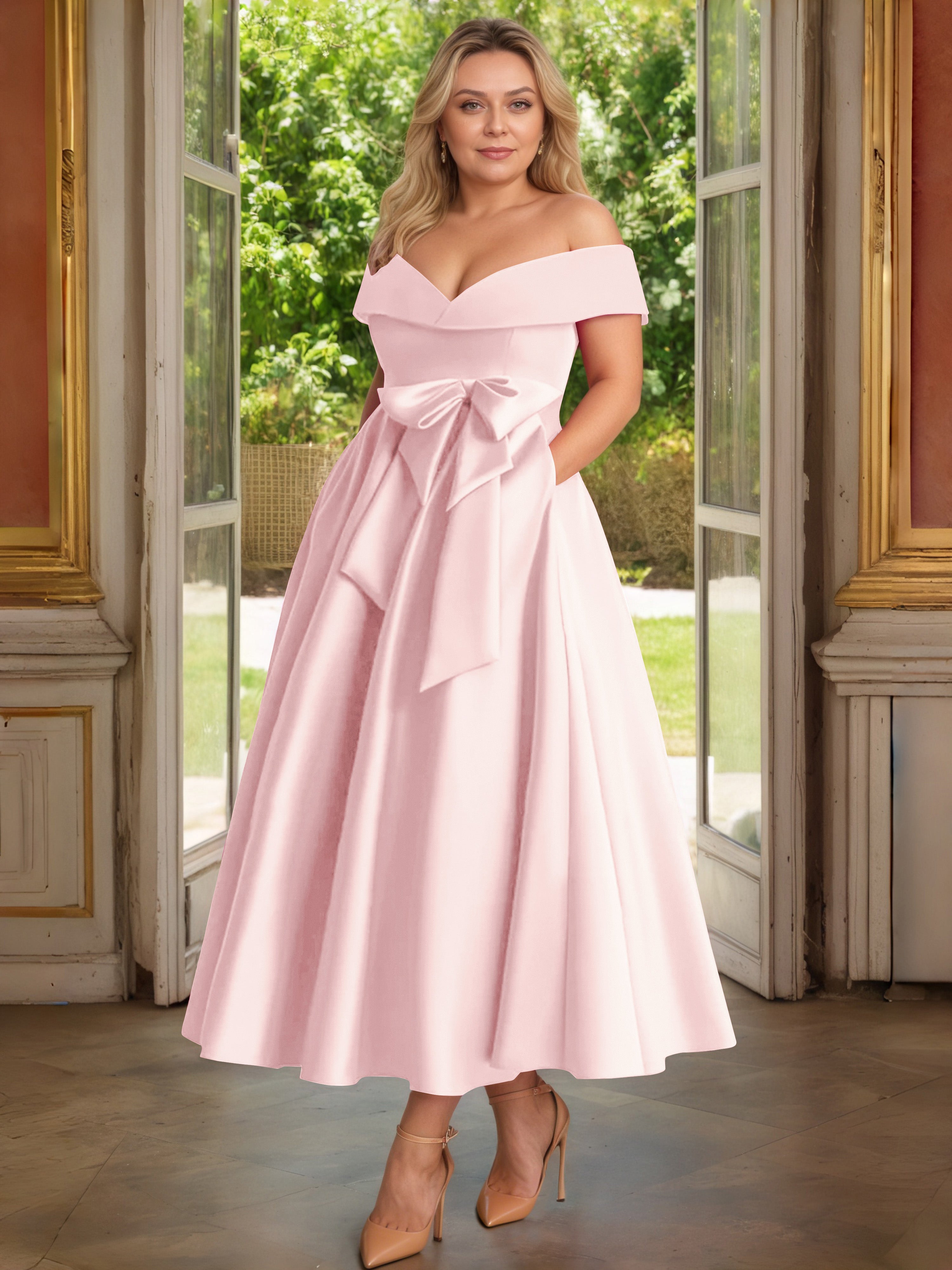 Cicinia Rose Perle Cicinia Robe Grande Taille Mère De La Mariée Longue A-Line En Satin Épaules Dénudées Avec Nœud Papillon Longueur Cheville