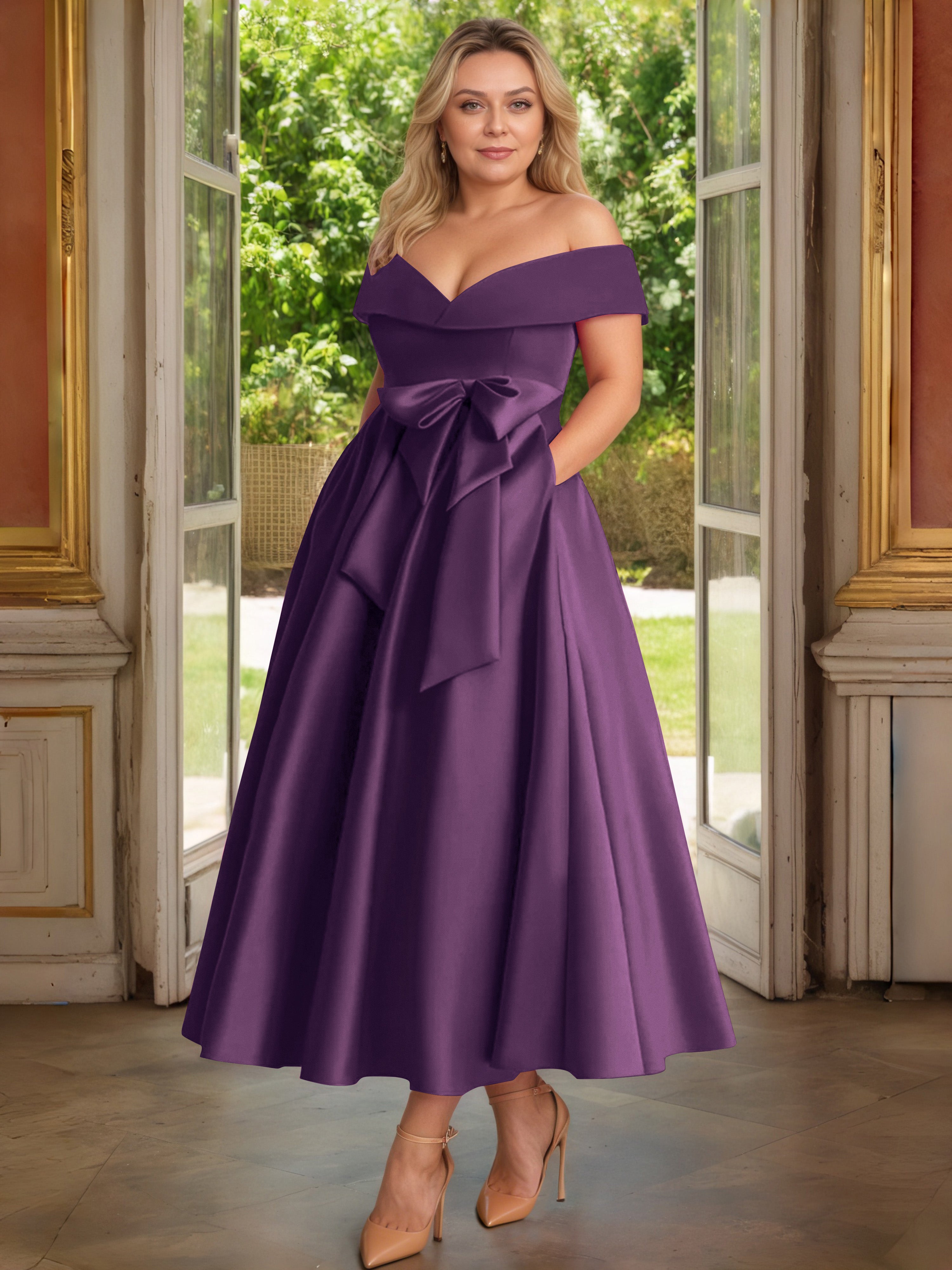 Cicinia Plum Cicinia Robe Grande Taille Mère De La Mariée Longue A-Line En Satin Épaules Dénudées Avec Nœud Papillon Longueur Cheville