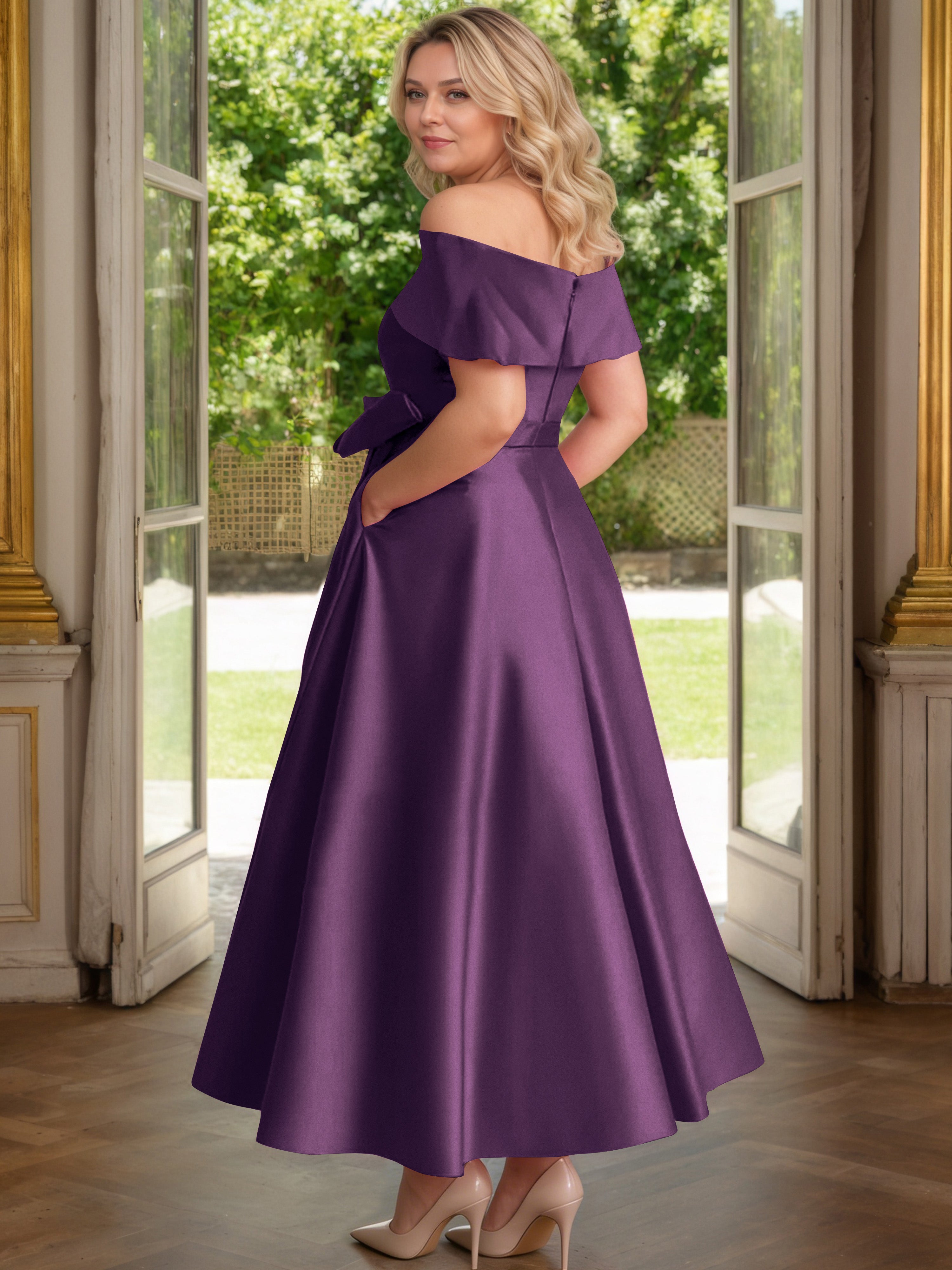 Cicinia Plum Cicinia Robe Grande Taille Mère De La Mariée Longue A-Line En Satin Épaules Dénudées Avec Nœud Papillon Longueur Cheville