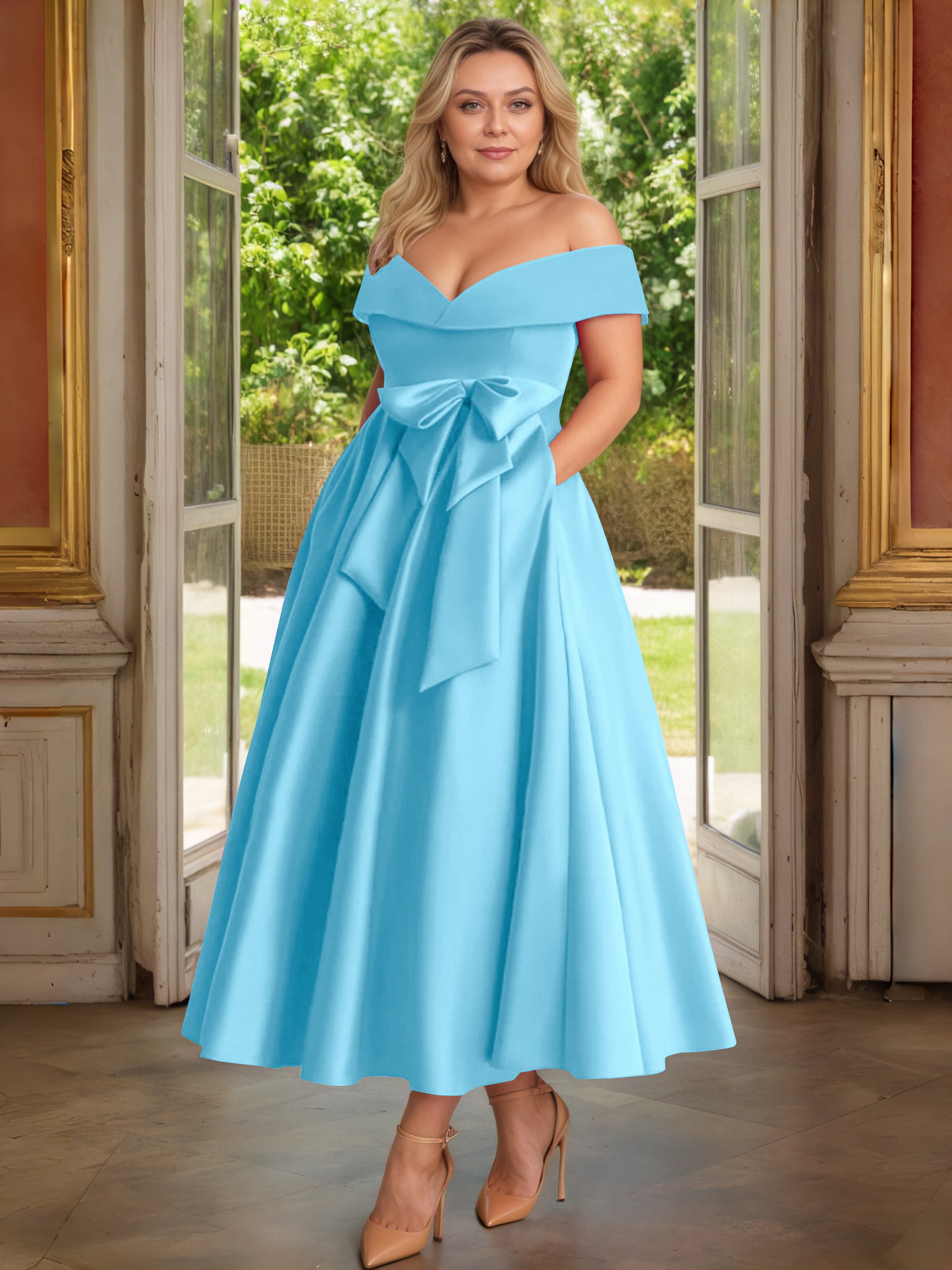 Cicinia Piscine Cicinia Robe Grande Taille Mère De La Mariée Longue A-Line En Satin Épaules Dénudées Avec Nœud Papillon Longueur Cheville