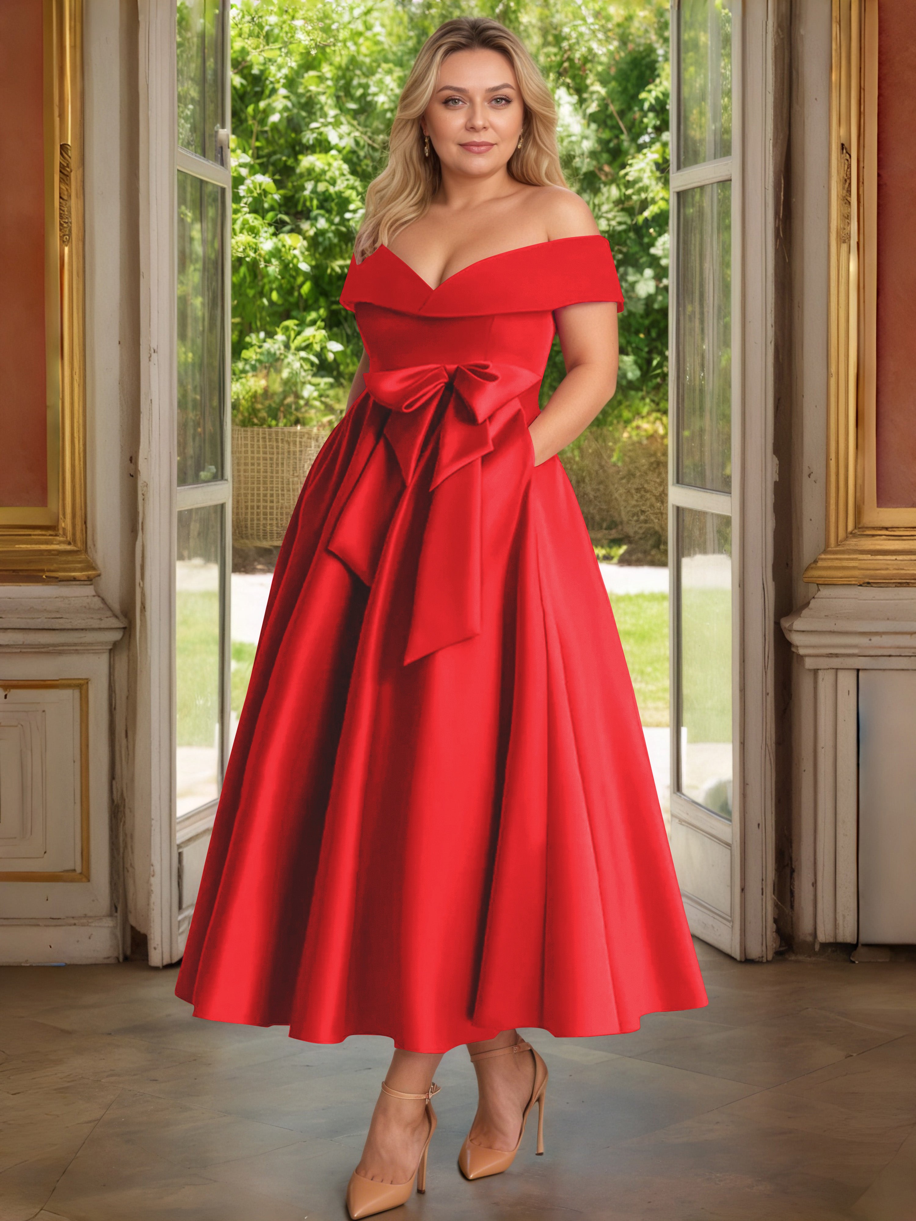Cicinia Rouge Cicinia Robe Grande Taille Mère De La Mariée Longue A-Line En Satin Épaules Dénudées Avec Nœud Papillon Longueur Cheville