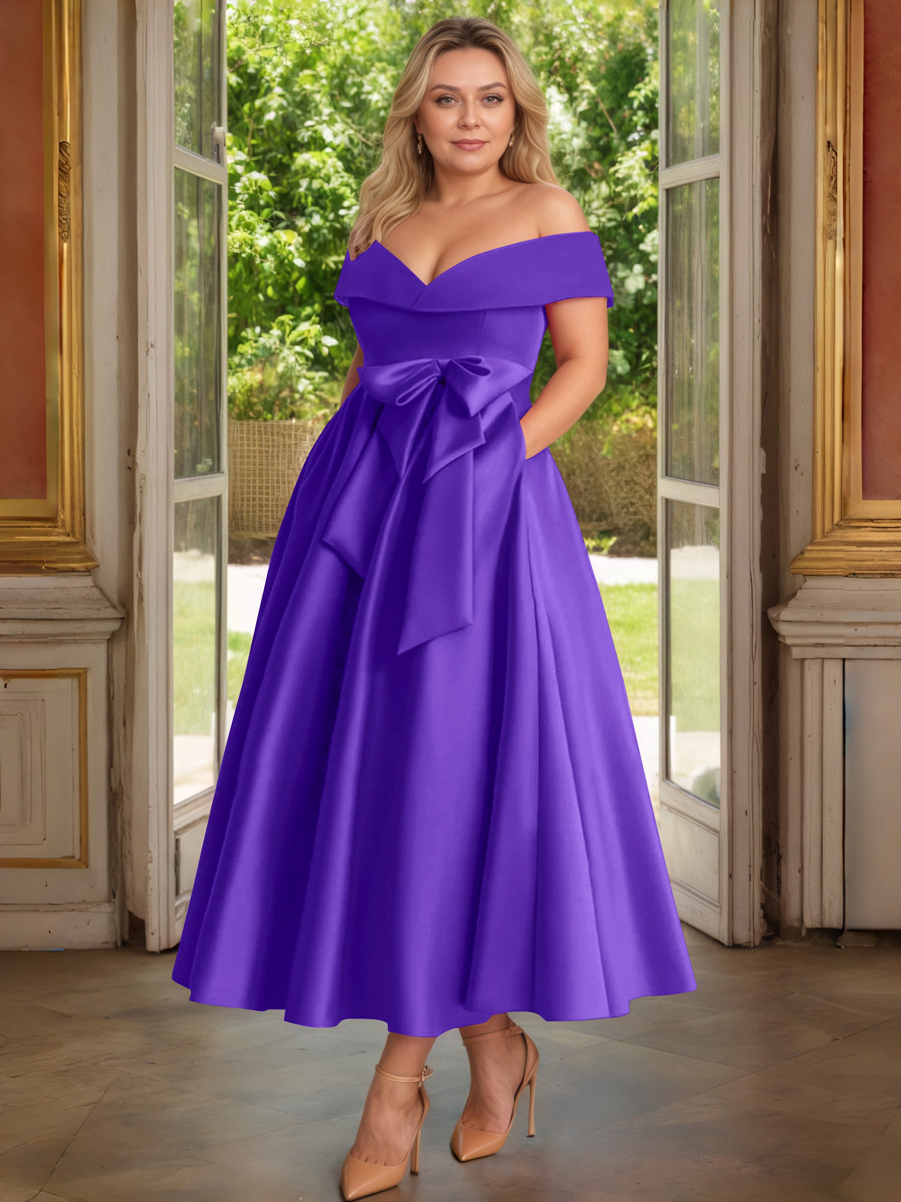 Cicinia Régence Cicinia Robe Grande Taille Mère De La Mariée Longue A-Line En Satin Épaules Dénudées Avec Nœud Papillon Longueur Cheville