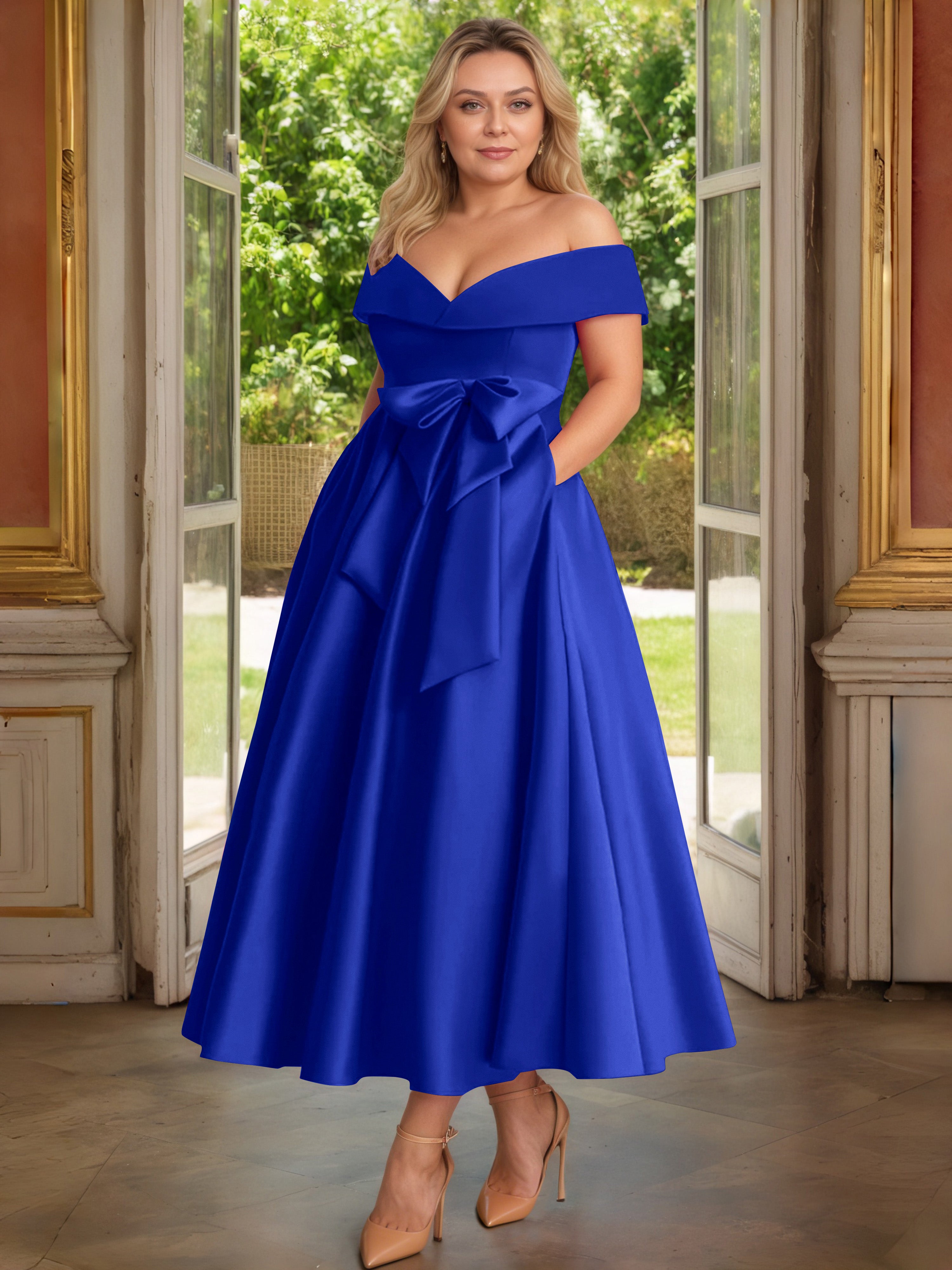 Cicinia Bleu Royale Cicinia Robe Grande Taille Mère De La Mariée Longue A-Line En Satin Épaules Dénudées Avec Nœud Papillon Longueur Cheville