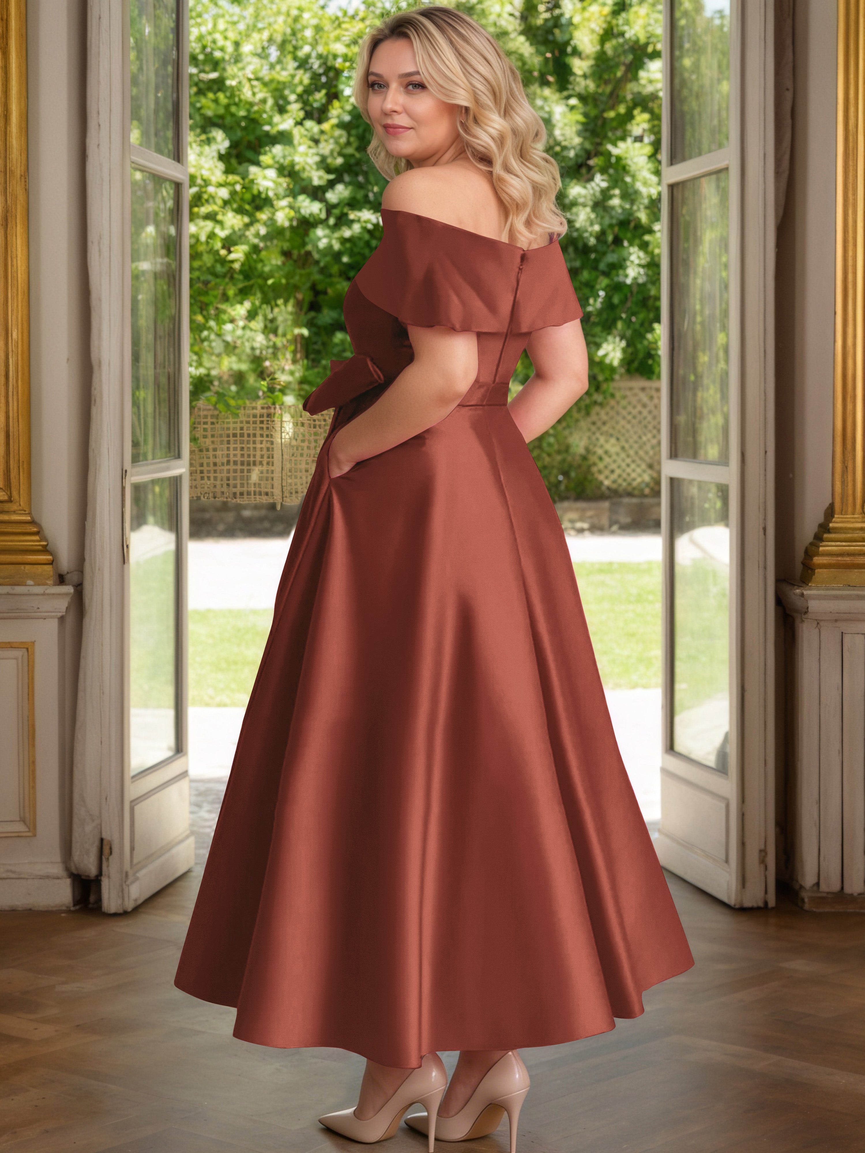 Cicinia Rouille Cicinia Robe Grande Taille Mère De La Mariée Longue A-Line En Satin Épaules Dénudées Avec Nœud Papillon Longueur Cheville