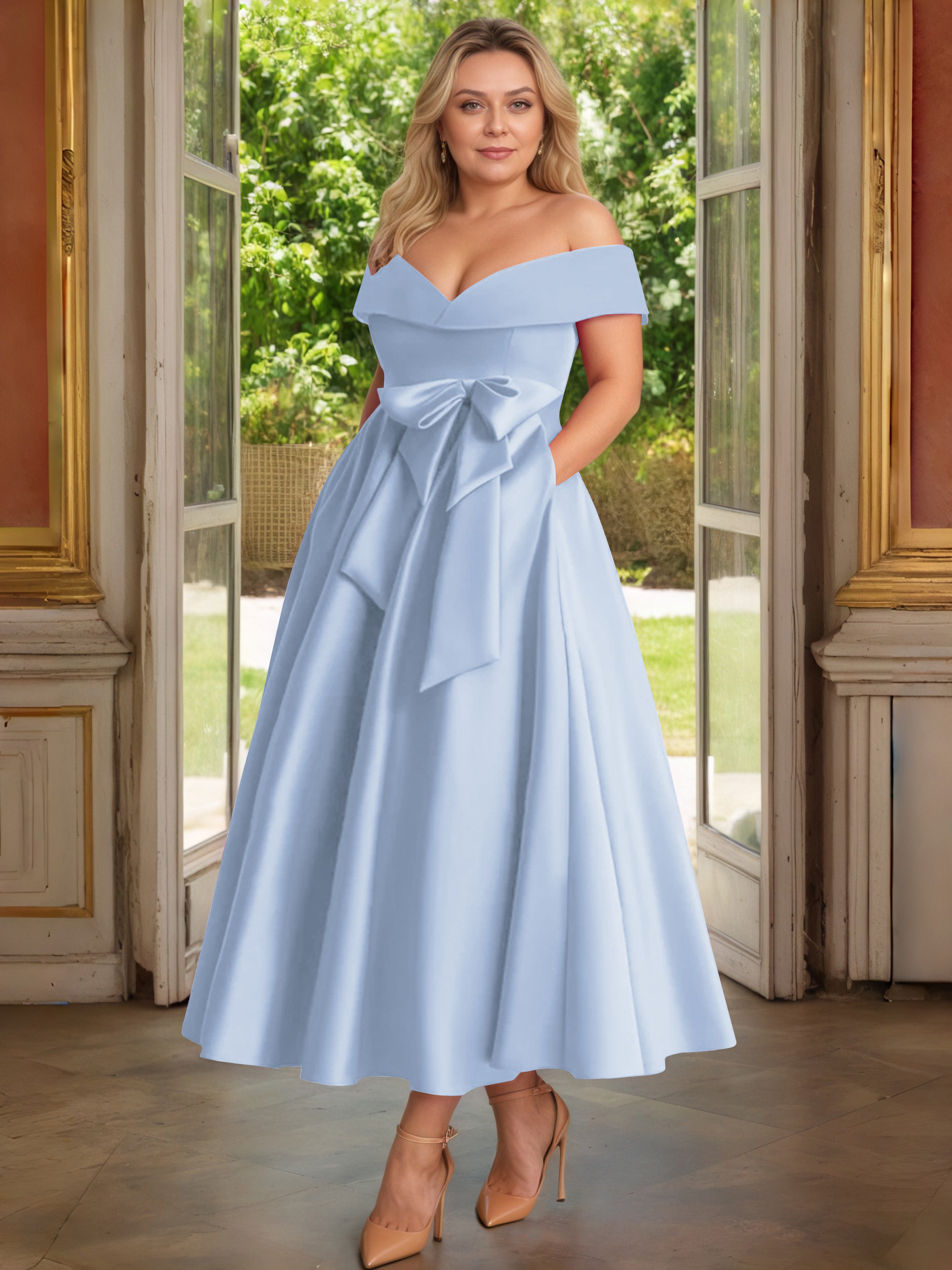 Cicinia Bleu Ciel Cicinia Robe Grande Taille Mère De La Mariée Longue A-Line En Satin Épaules Dénudées Avec Nœud Papillon Longueur Cheville