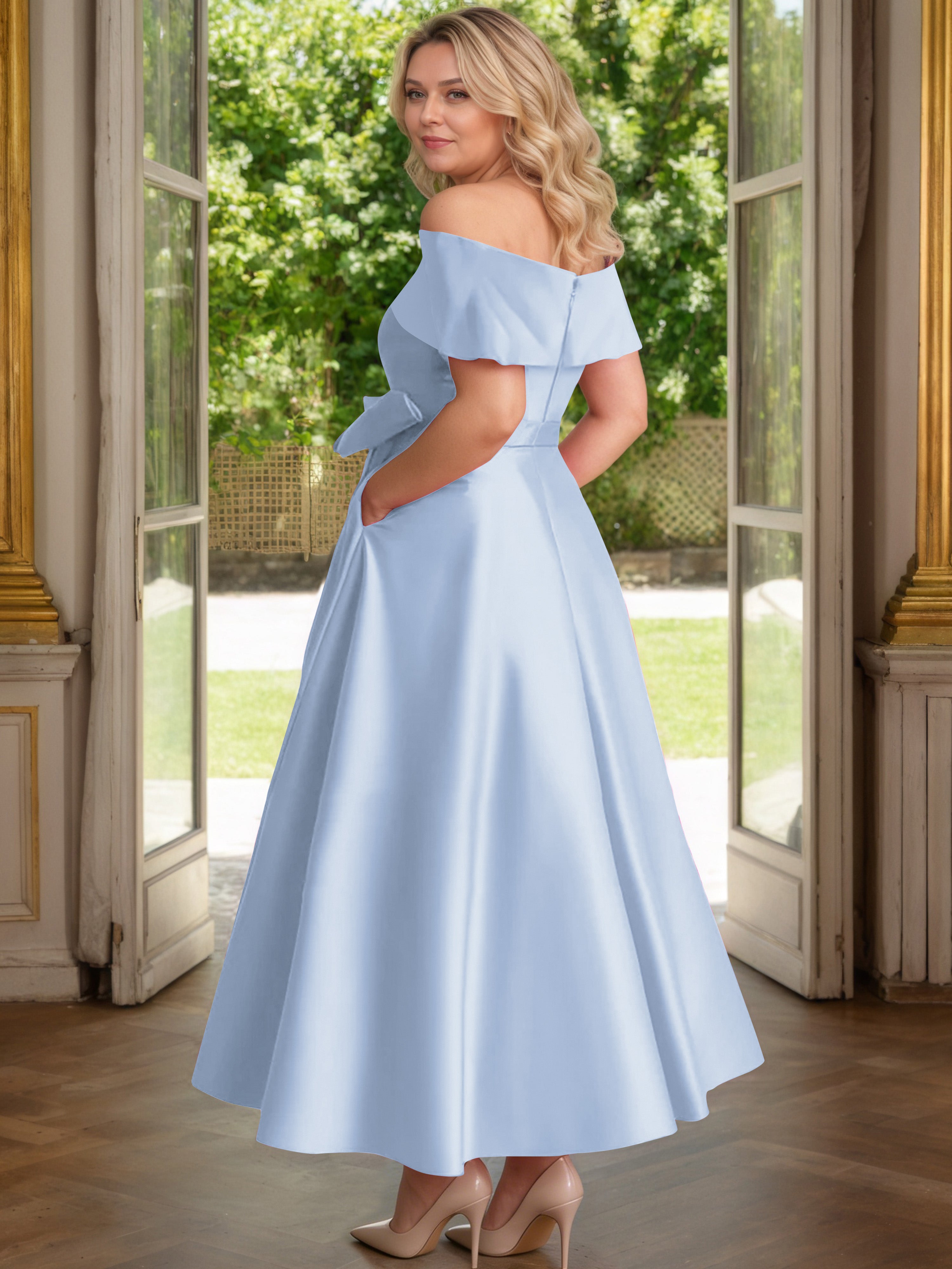 Cicinia Bleu Ciel Cicinia Robe Grande Taille Mère De La Mariée Longue A-Line En Satin Épaules Dénudées Avec Nœud Papillon Longueur Cheville