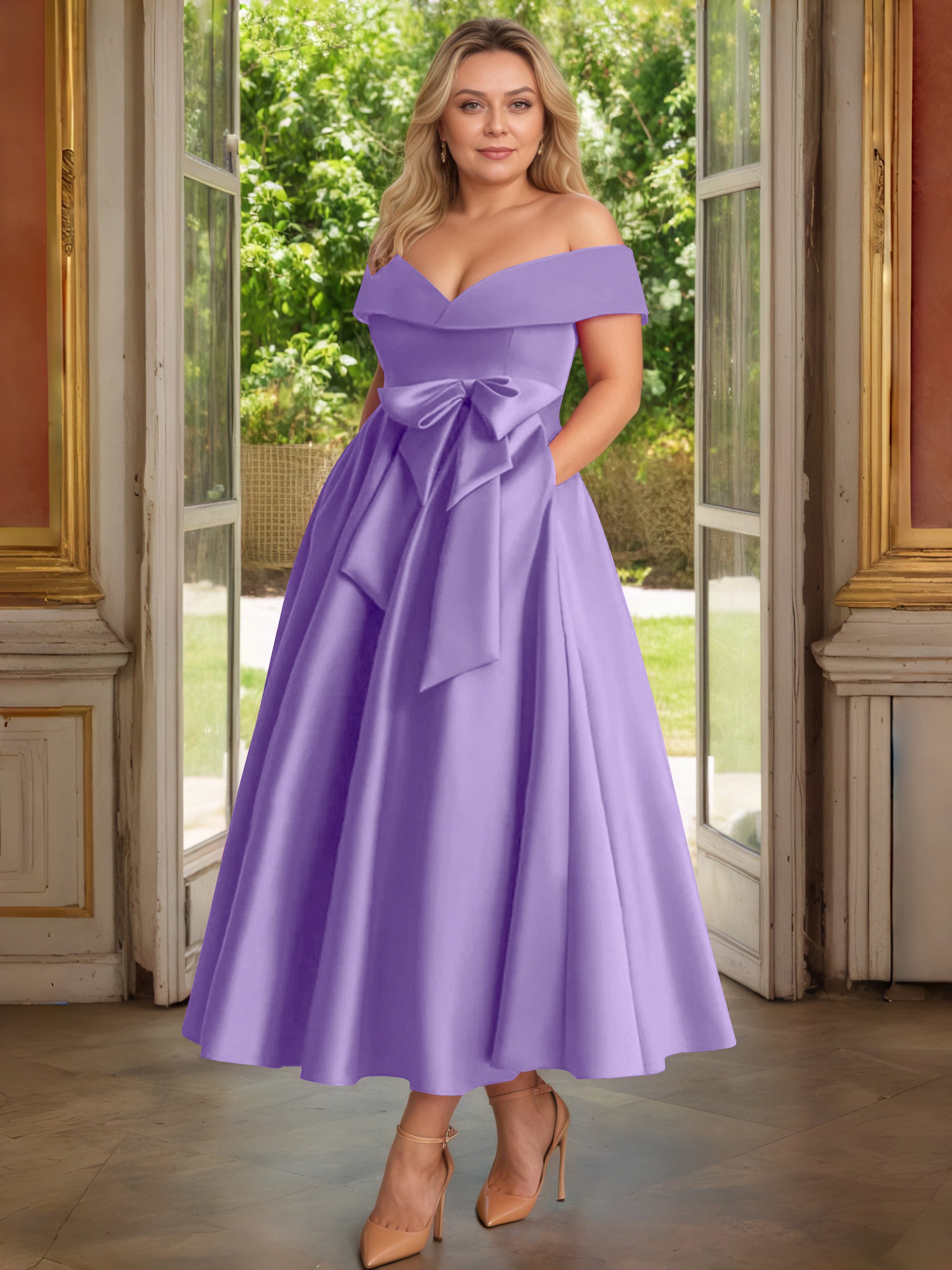Cicinia Tahiti Cicinia Robe Grande Taille Mère De La Mariée Longue A-Line En Satin Épaules Dénudées Avec Nœud Papillon Longueur Cheville