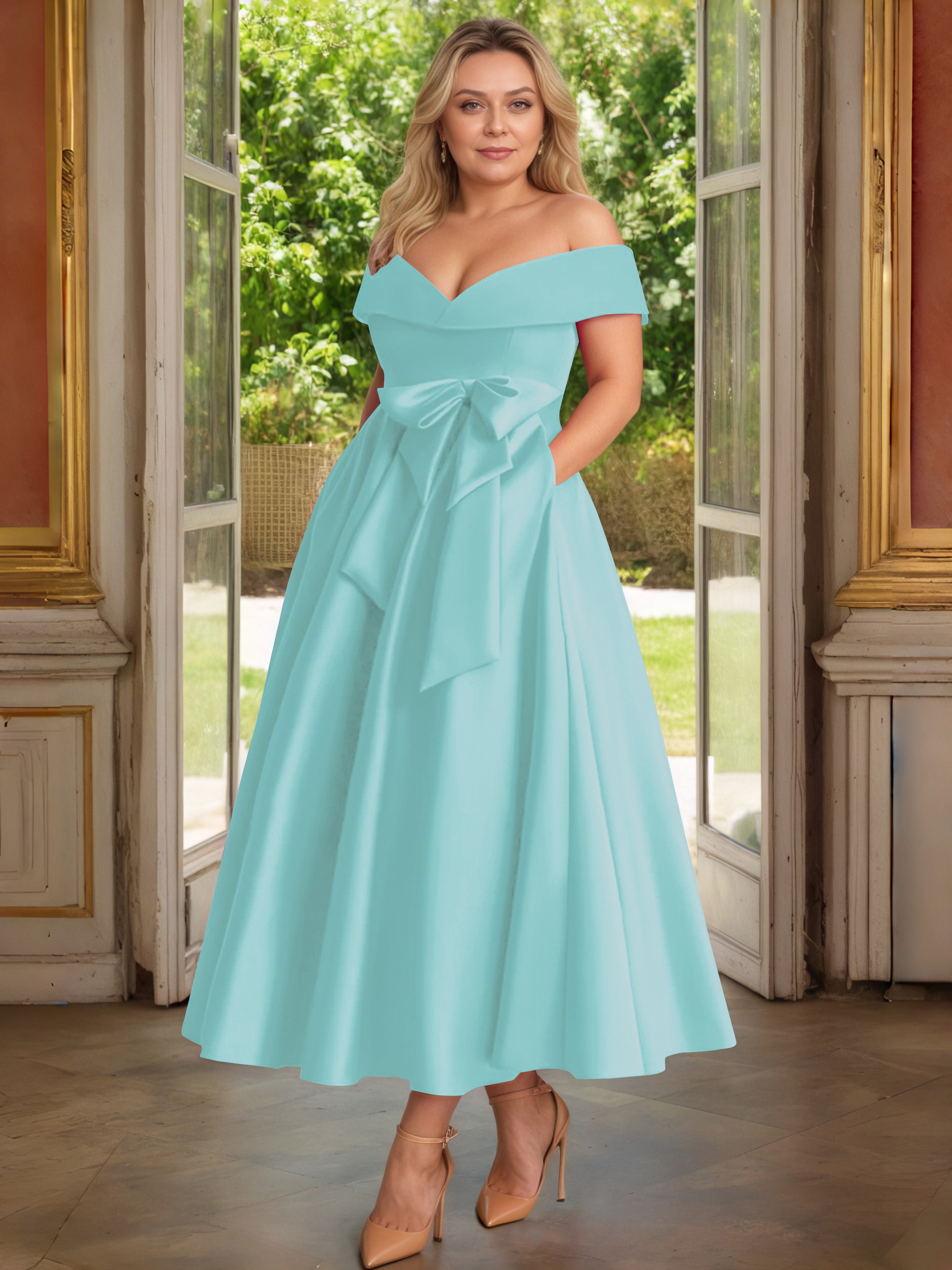 Cicinia Turquoise Cicinia Robe Grande Taille Mère De La Mariée Longue A-Line En Satin Épaules Dénudées Avec Nœud Papillon Longueur Cheville