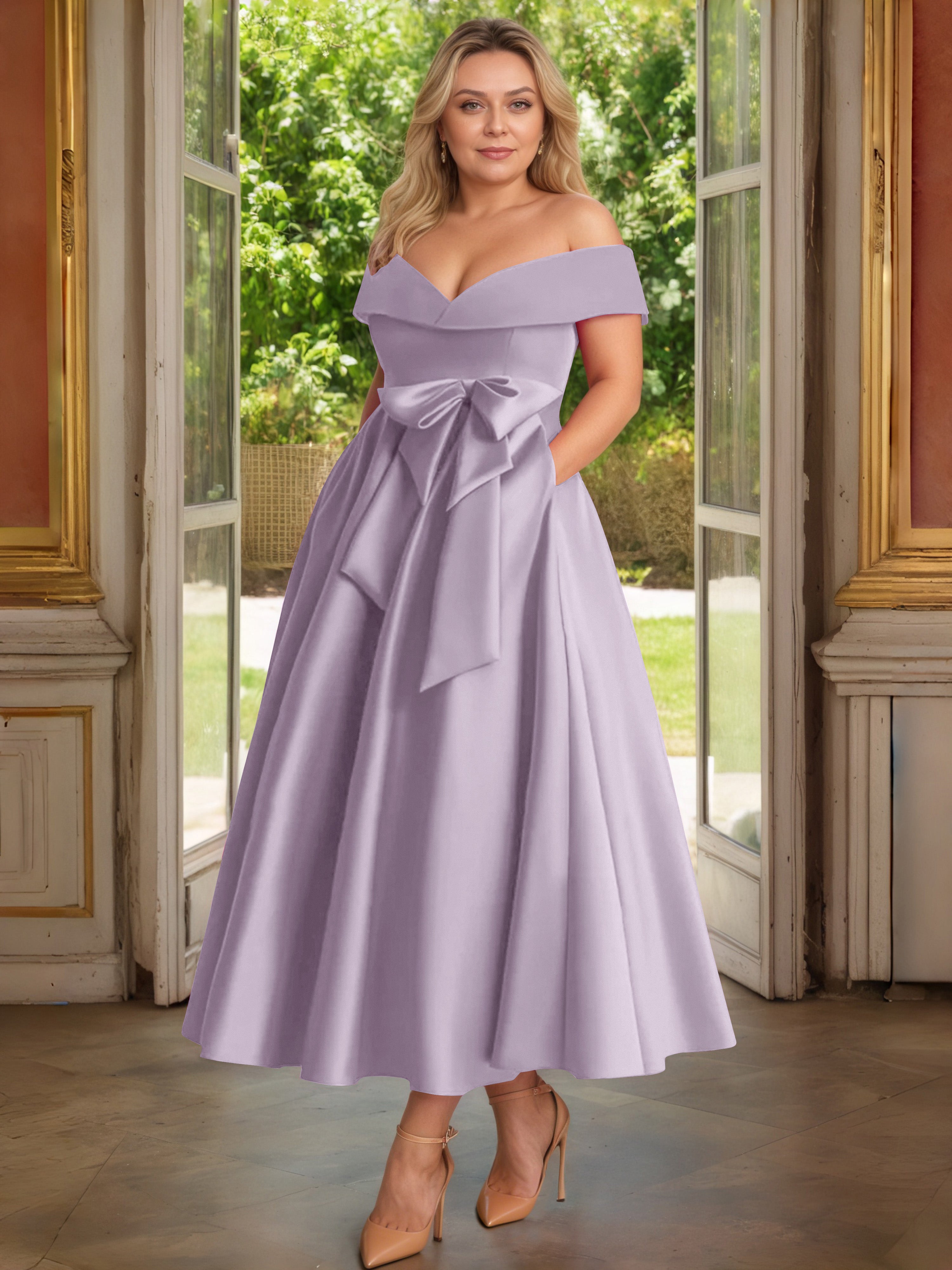 Cicinia Vintage Mauve Cicinia Robe Grande Taille Mère De La Mariée Longue A-Line En Satin Épaules Dénudées Avec Nœud Papillon Longueur Cheville