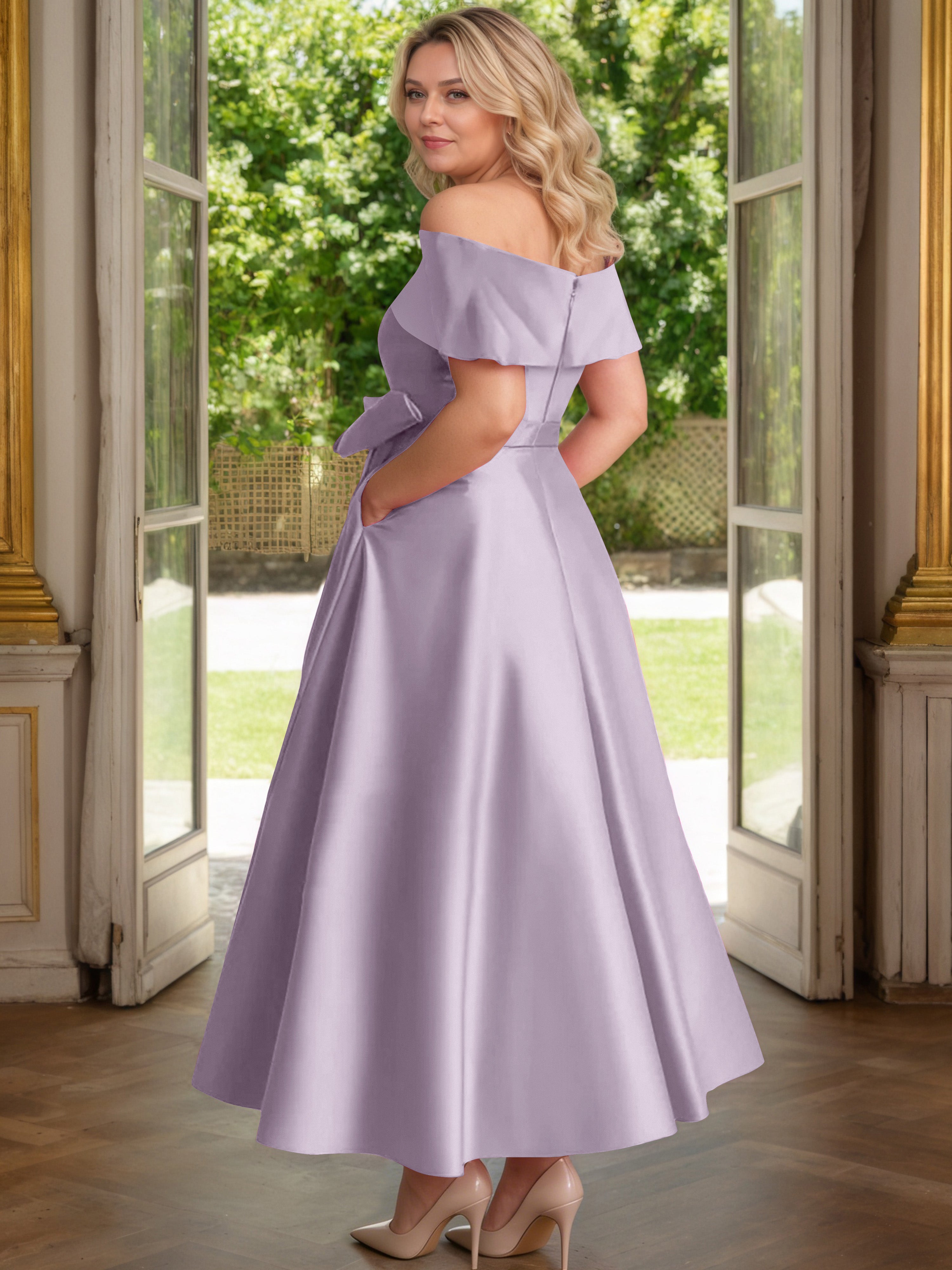 Cicinia Vintage Mauve Cicinia Robe Grande Taille Mère De La Mariée Longue A-Line En Satin Épaules Dénudées Avec Nœud Papillon Longueur Cheville