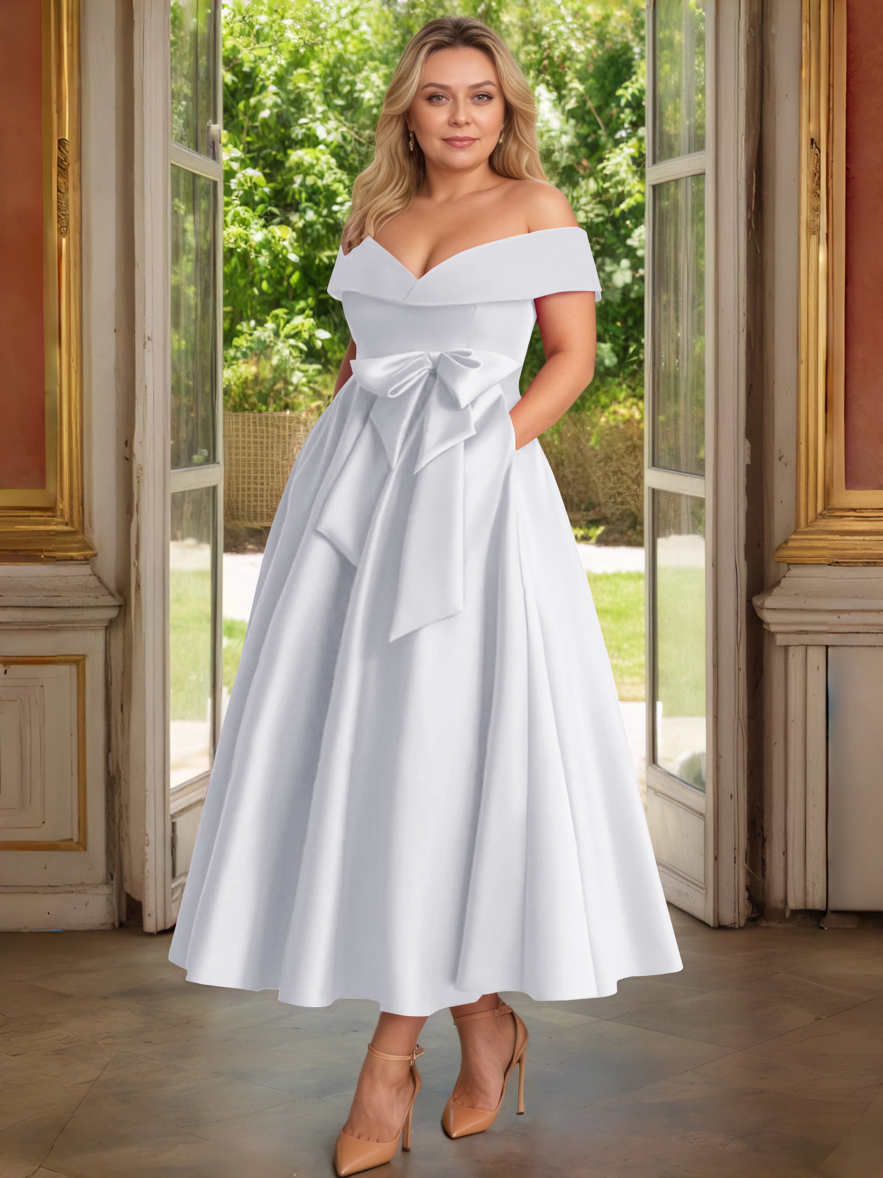 Cicinia Blanc Cicinia Robe Grande Taille Mère De La Mariée Longue A-Line En Satin Épaules Dénudées Avec Nœud Papillon Longueur Cheville