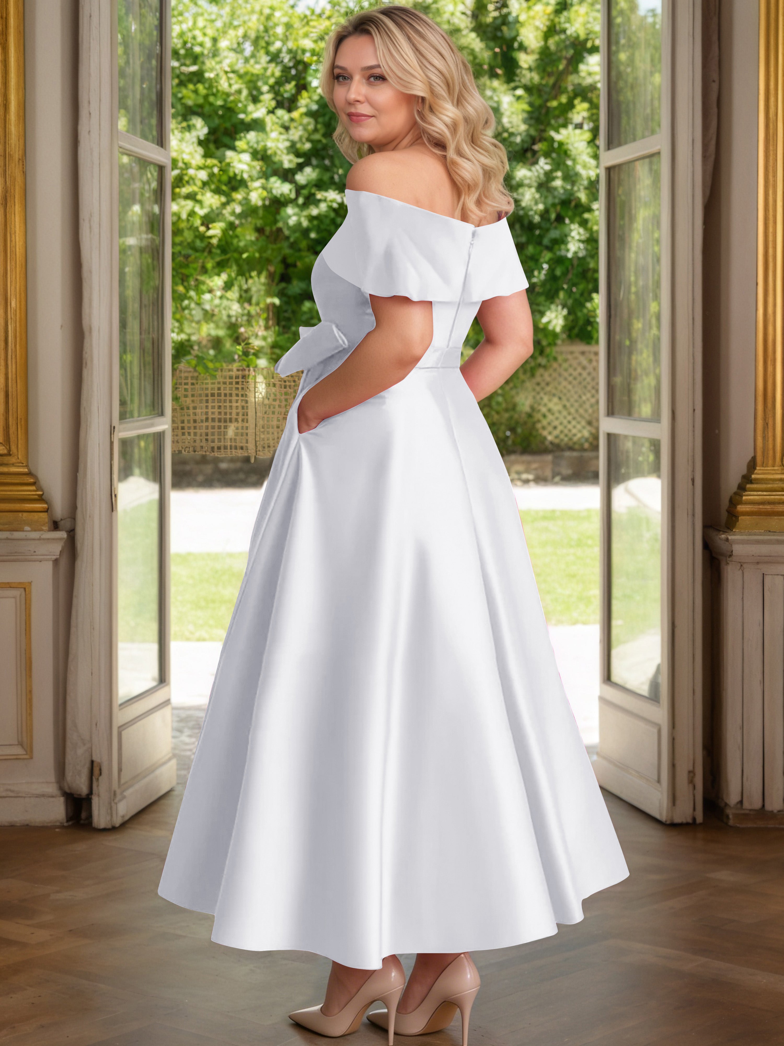 Cicinia Blanc Cicinia Robe Grande Taille Mère De La Mariée Longue A-Line En Satin Épaules Dénudées Avec Nœud Papillon Longueur Cheville