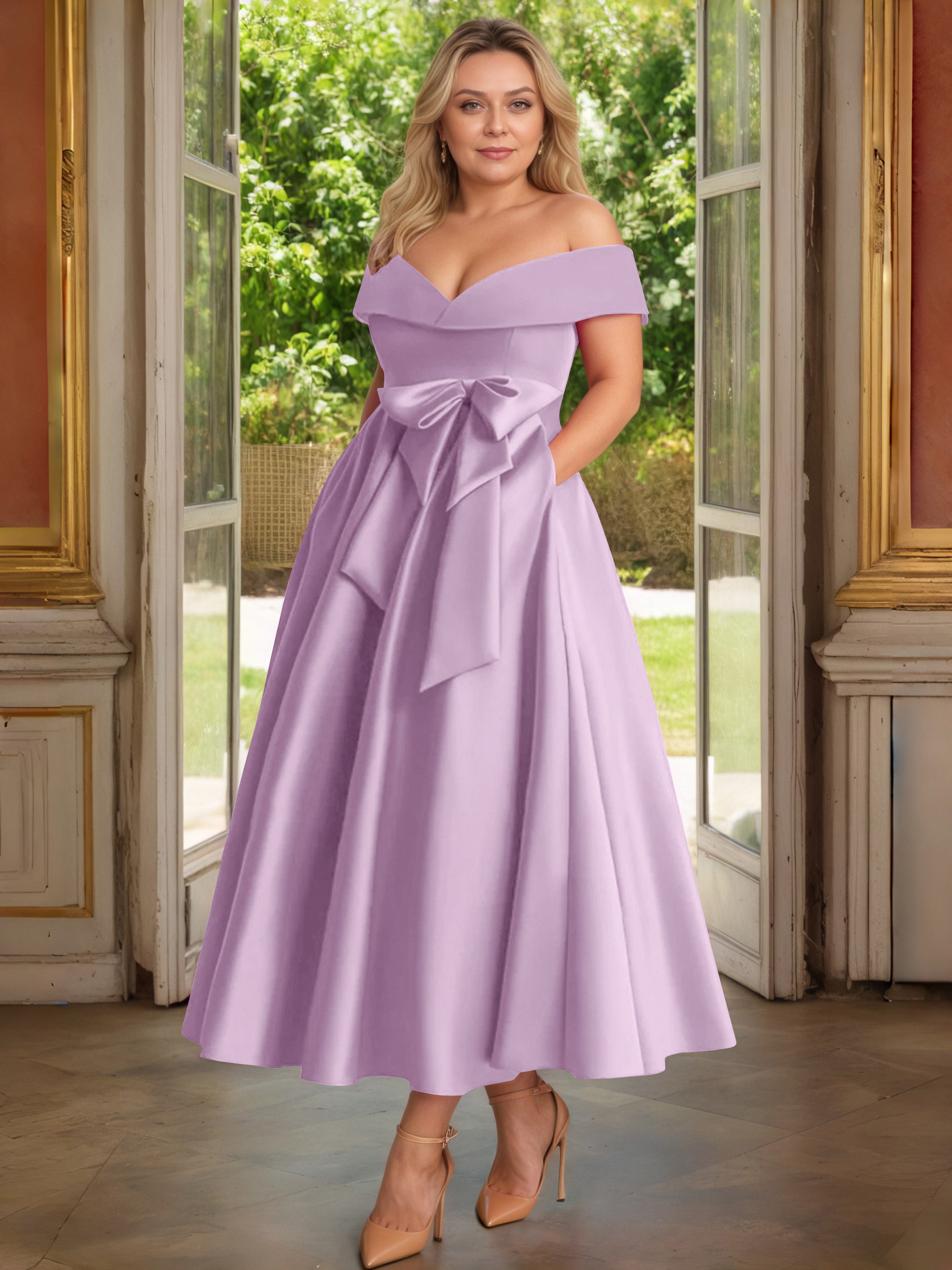 Cicinia Glycine Cicinia Robe Grande Taille Mère De La Mariée Longue A-Line En Satin Épaules Dénudées Avec Nœud Papillon Longueur Cheville
