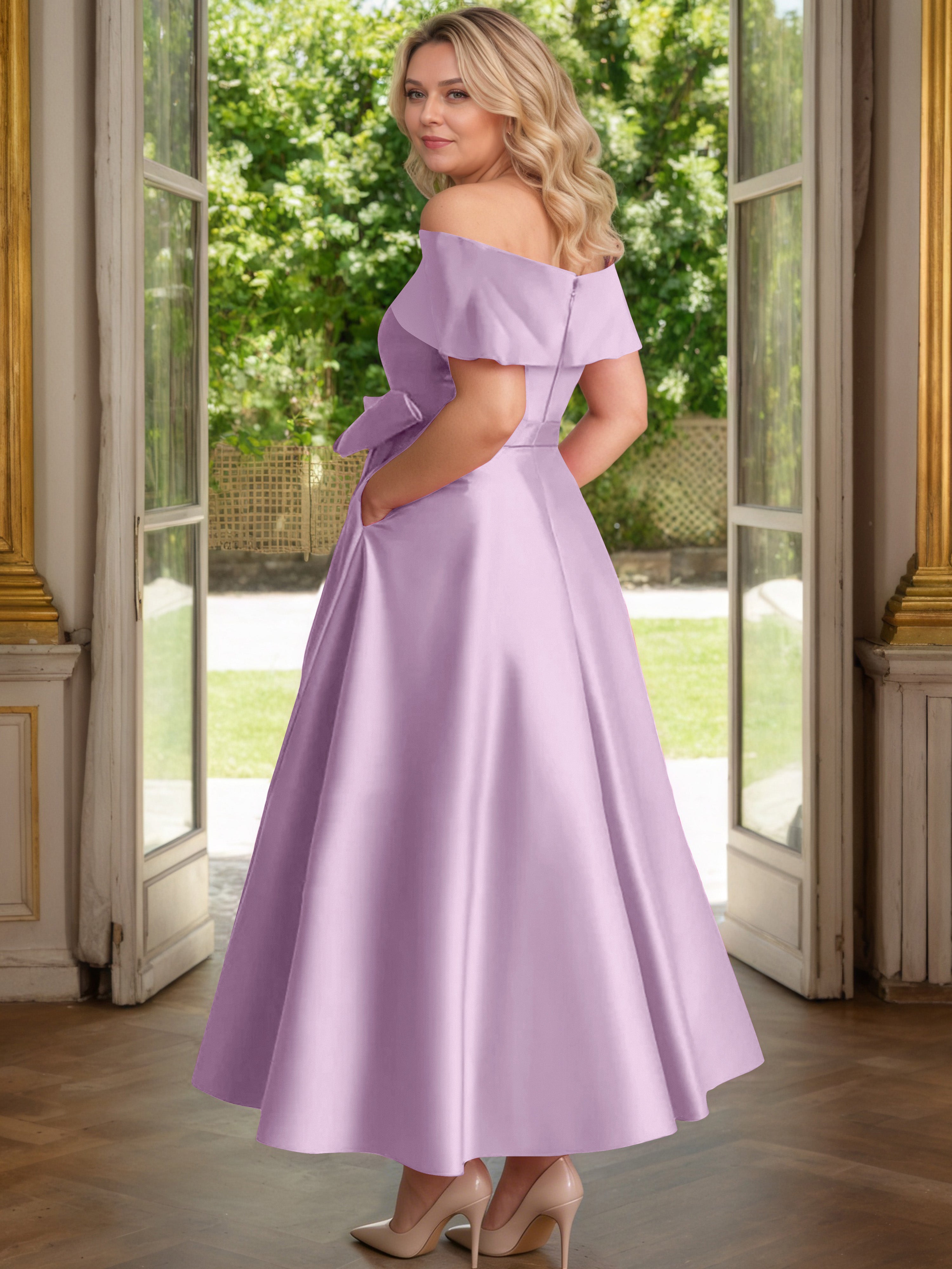 Cicinia Glycine Cicinia Robe Grande Taille Mère De La Mariée Longue A-Line En Satin Épaules Dénudées Avec Nœud Papillon Longueur Cheville