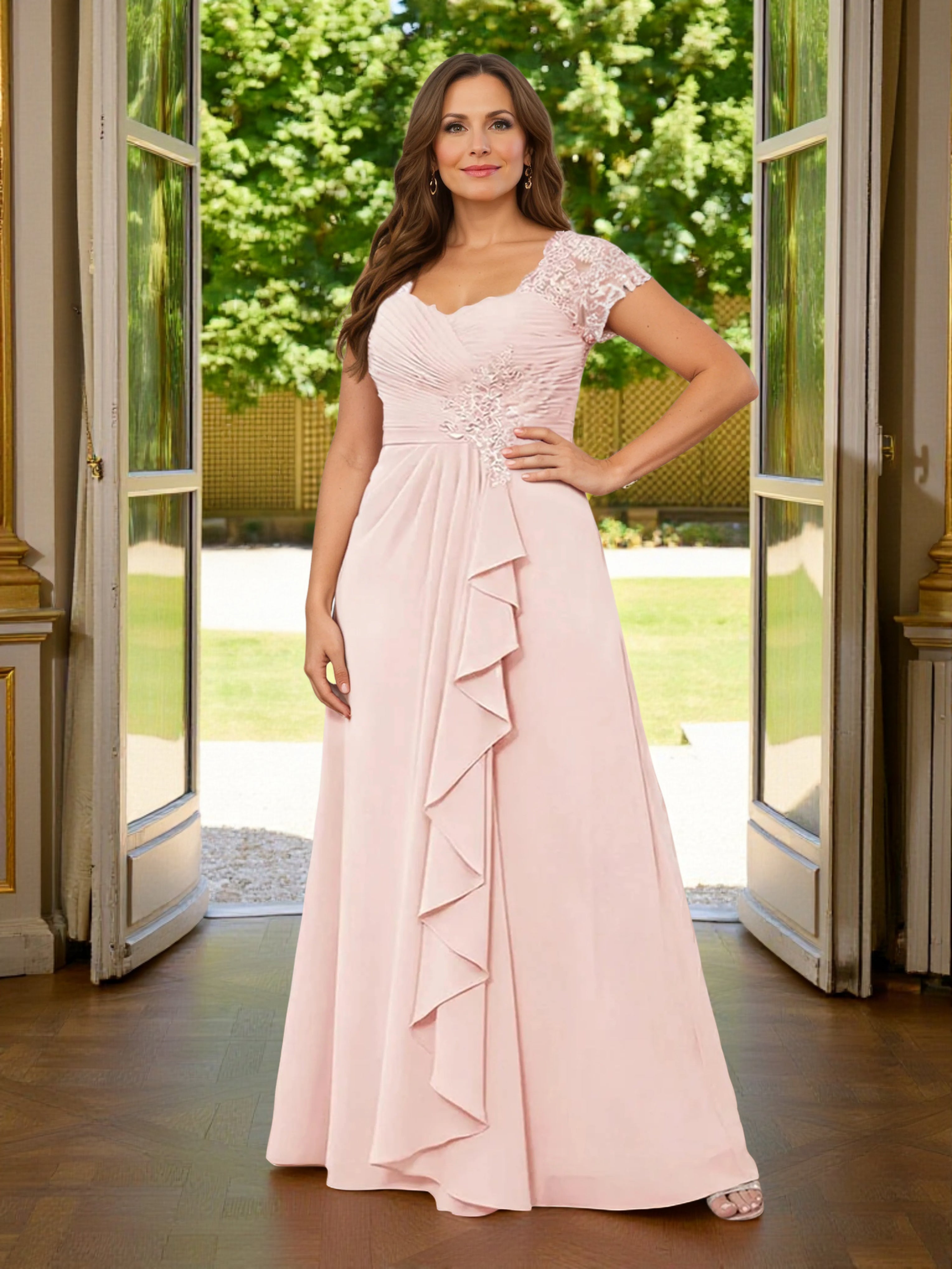 Cicinia Robe Grande Taille pour Mère de la Mariée ROSE PALE Longue A-Line en Mousseline Appliqués Dentelle Longueur Sol