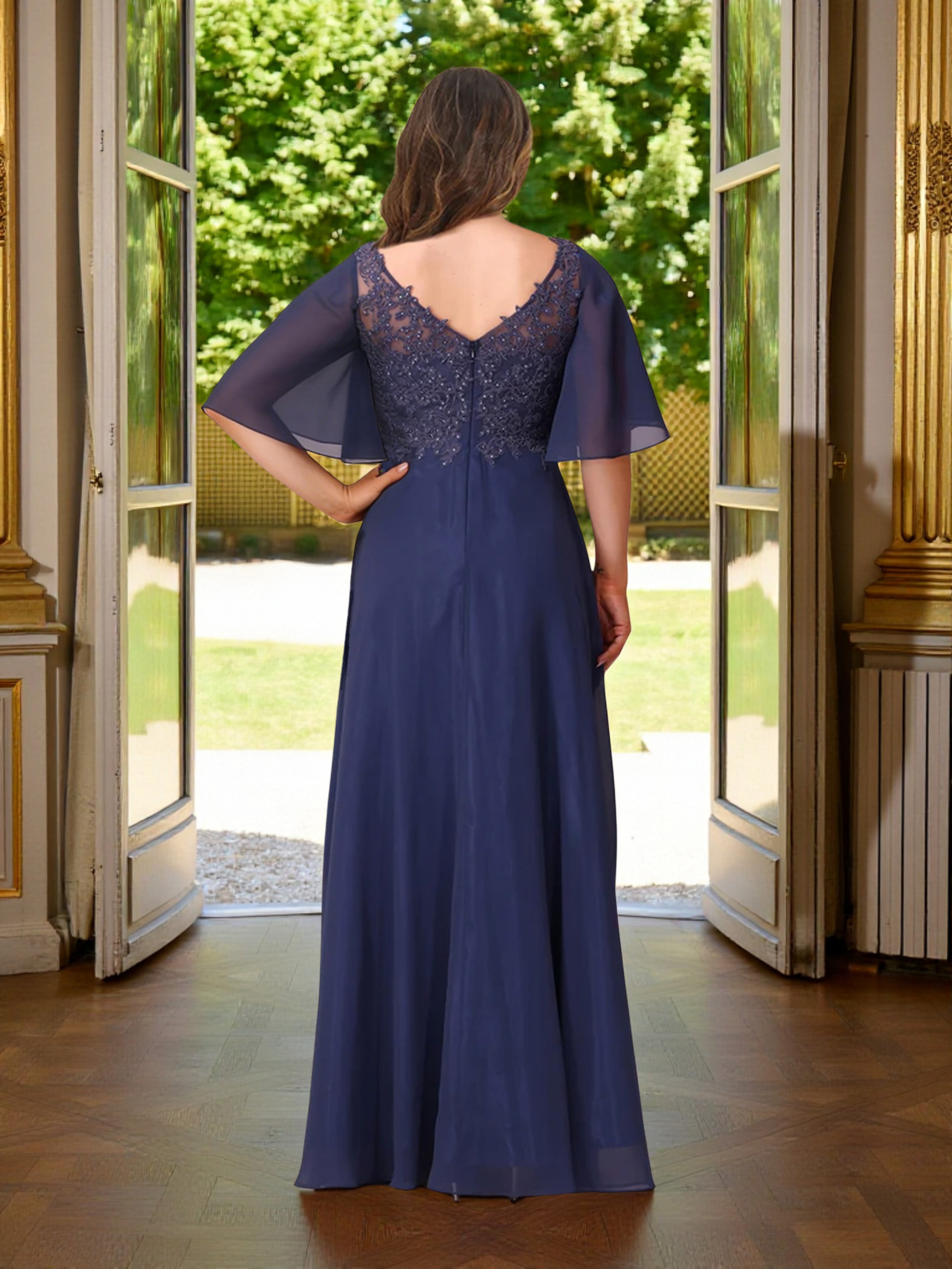 Cicinia Bleu Marine Robe Grande Taille pour Mère de la Mariée Longue A-Line en Mousseline Manches Demi-longues Longueur Sol