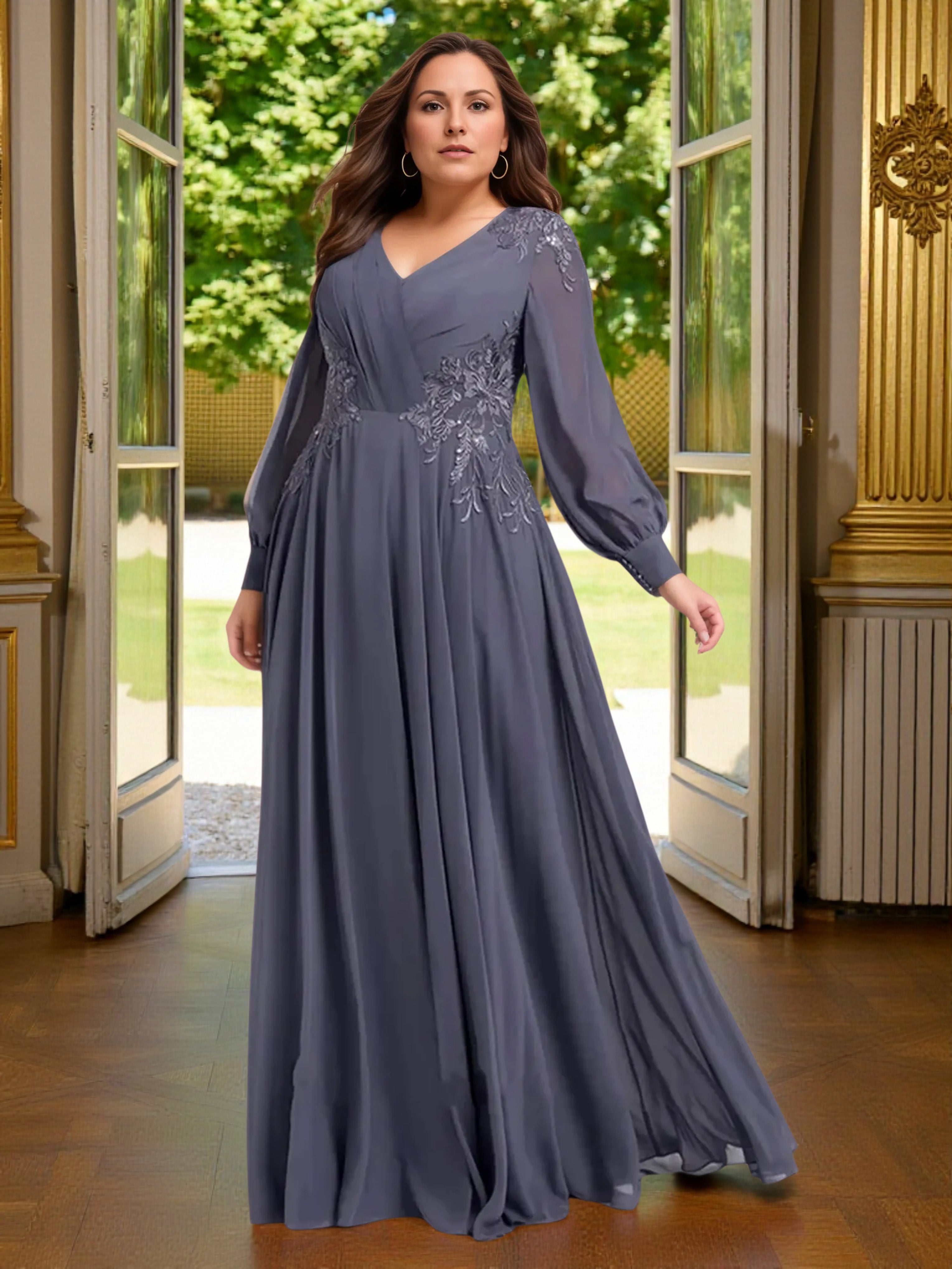 Cicinia Robe Grande Taille pour Mère de la Mariée ORAGEUX Longue A-Line en Mousseline Manches Longues Décolleté en V