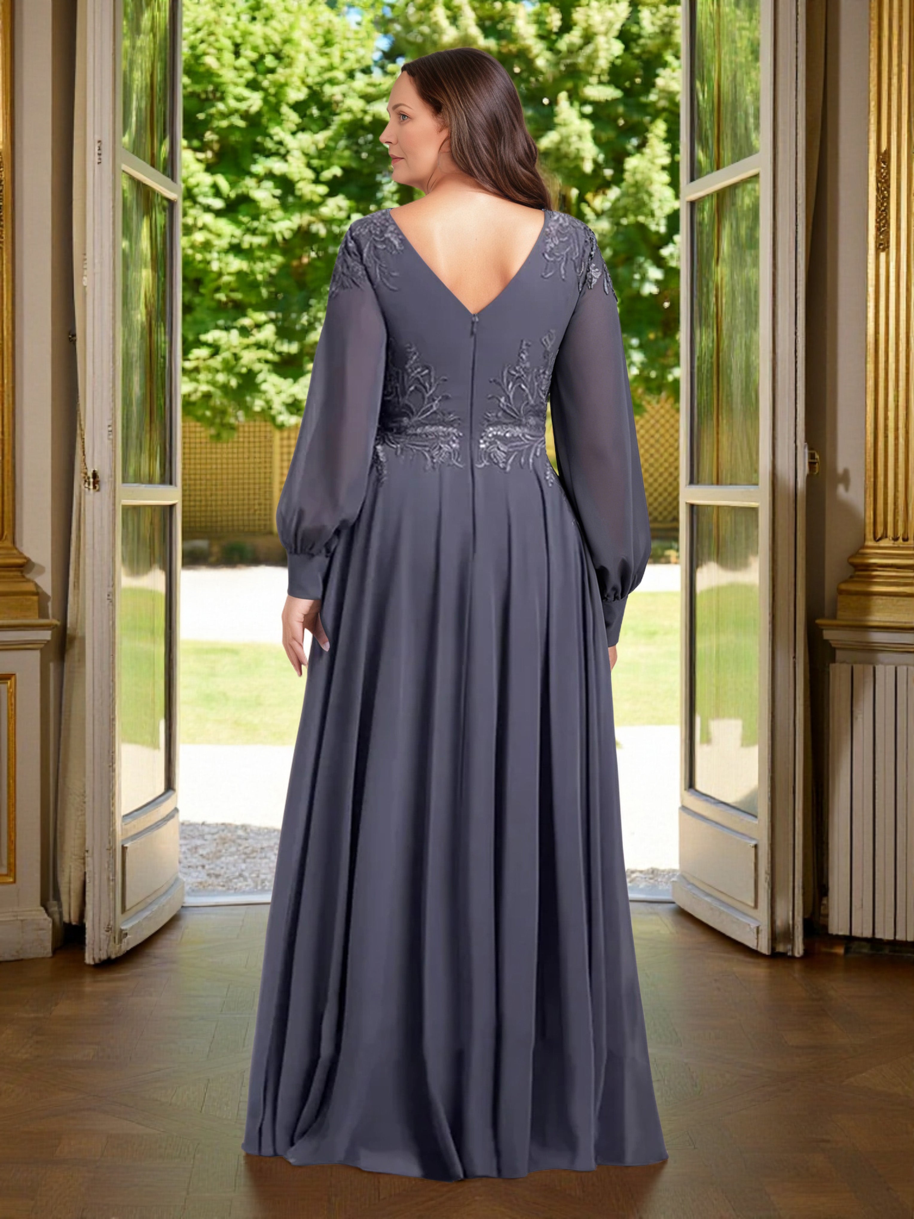 Cicinia Robe Grande Taille pour Mère de la Mariée ORAGEUX Longue A-Line en Mousseline Manches Longues Décolleté en V