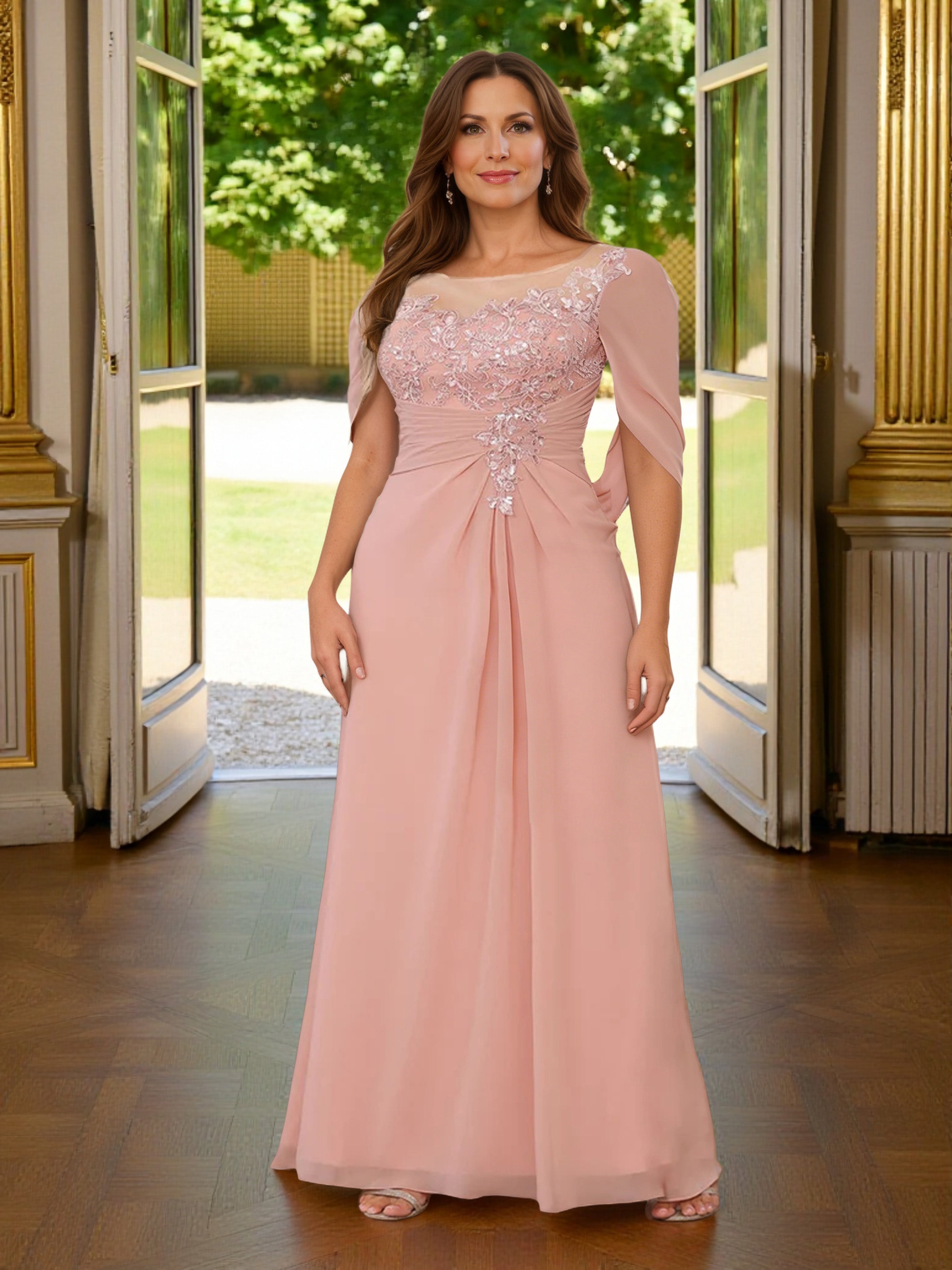 Cicinia Rose Robe Grande Taille pour Mère de la Mariée Longue Fourreau en Mousseline Manches Cape