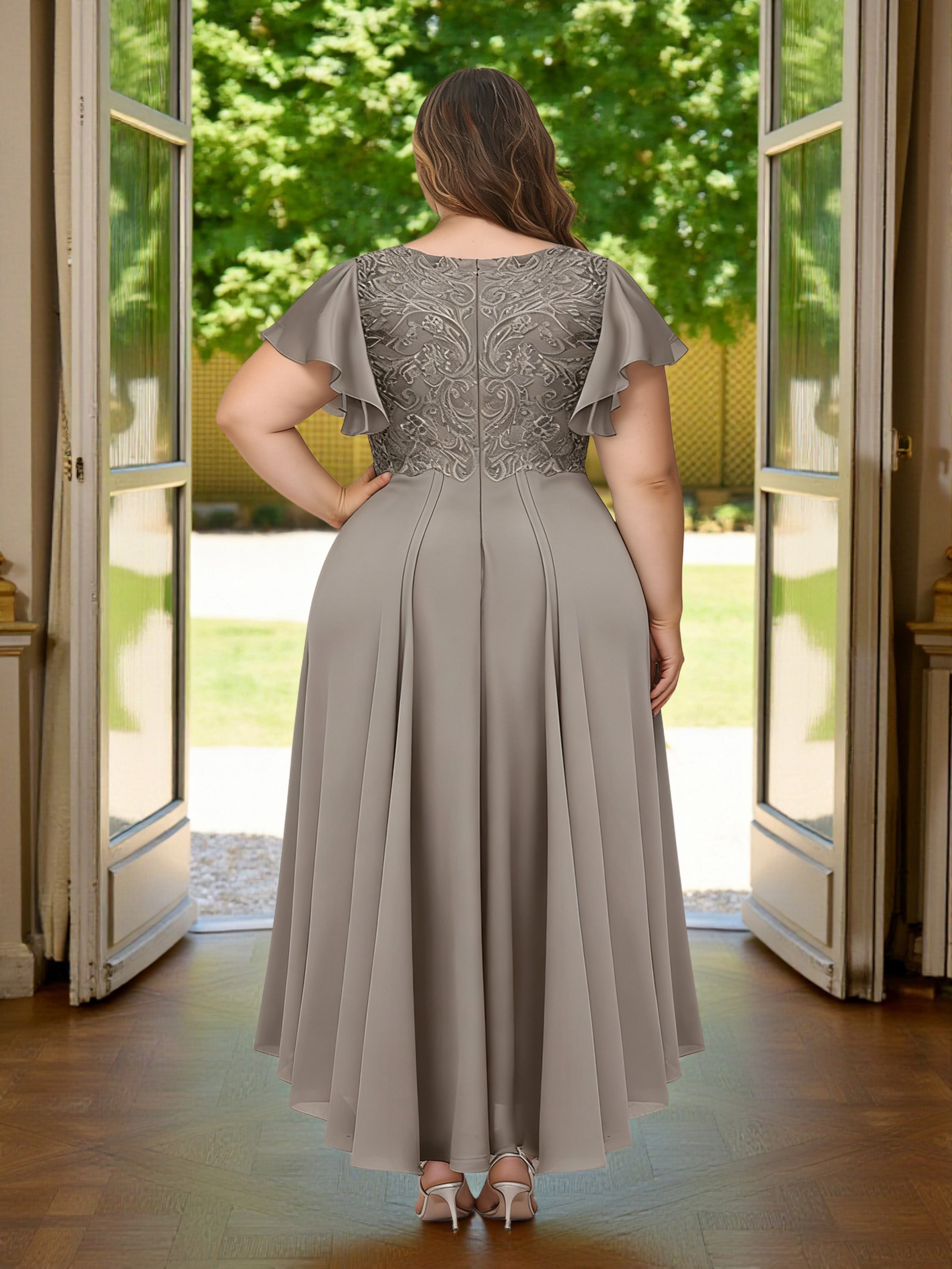 Cicinia Gris Robe Grande Taille pour Mère de la Mariée Longue A-Line en Mousseline Dentelle Manches Papillons