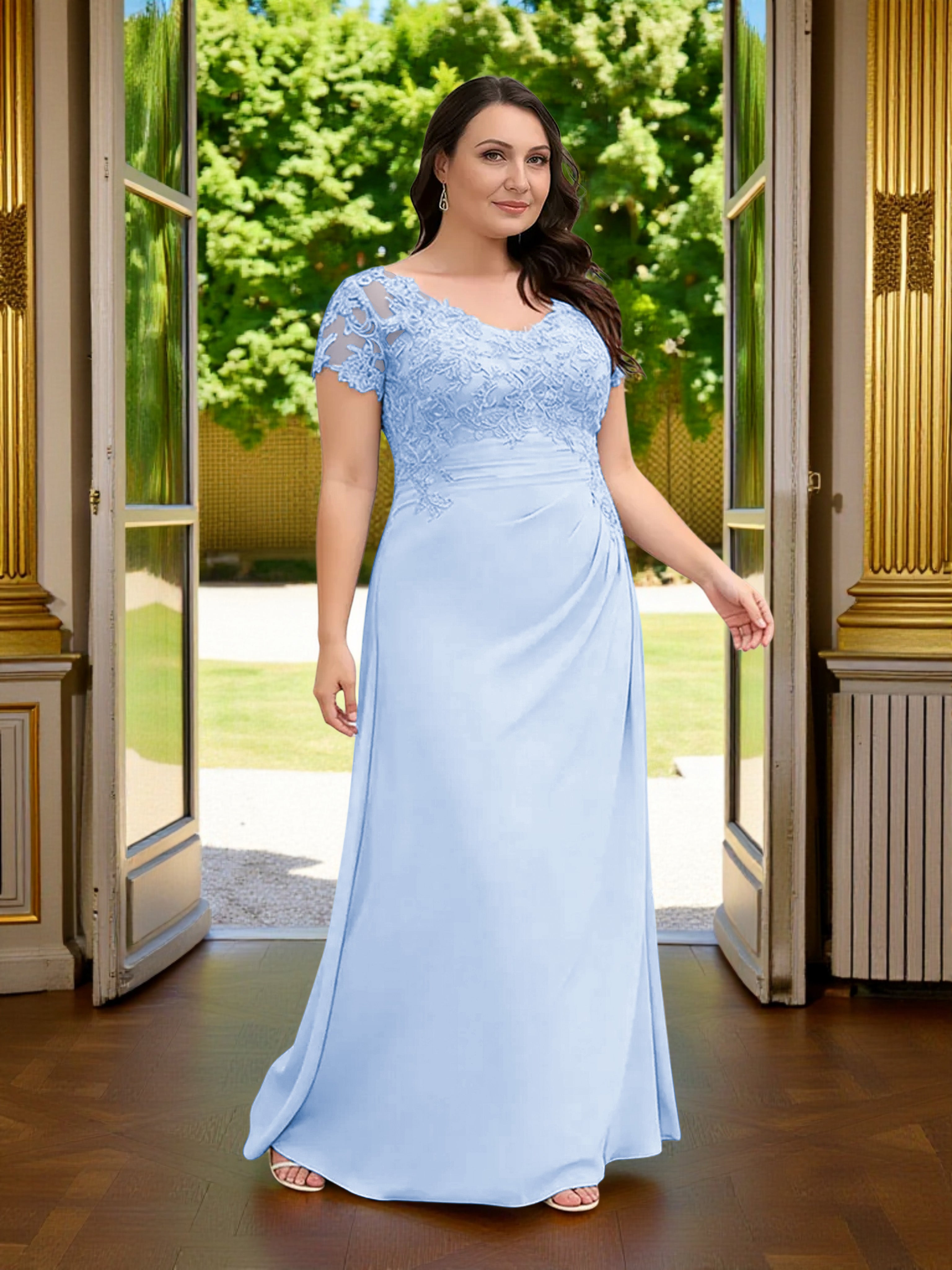 Cicinia Bleu Ciel Robe Grande Taille pour Mère de la Mariée Longue Fourreau en Mousseline Manches Courtes