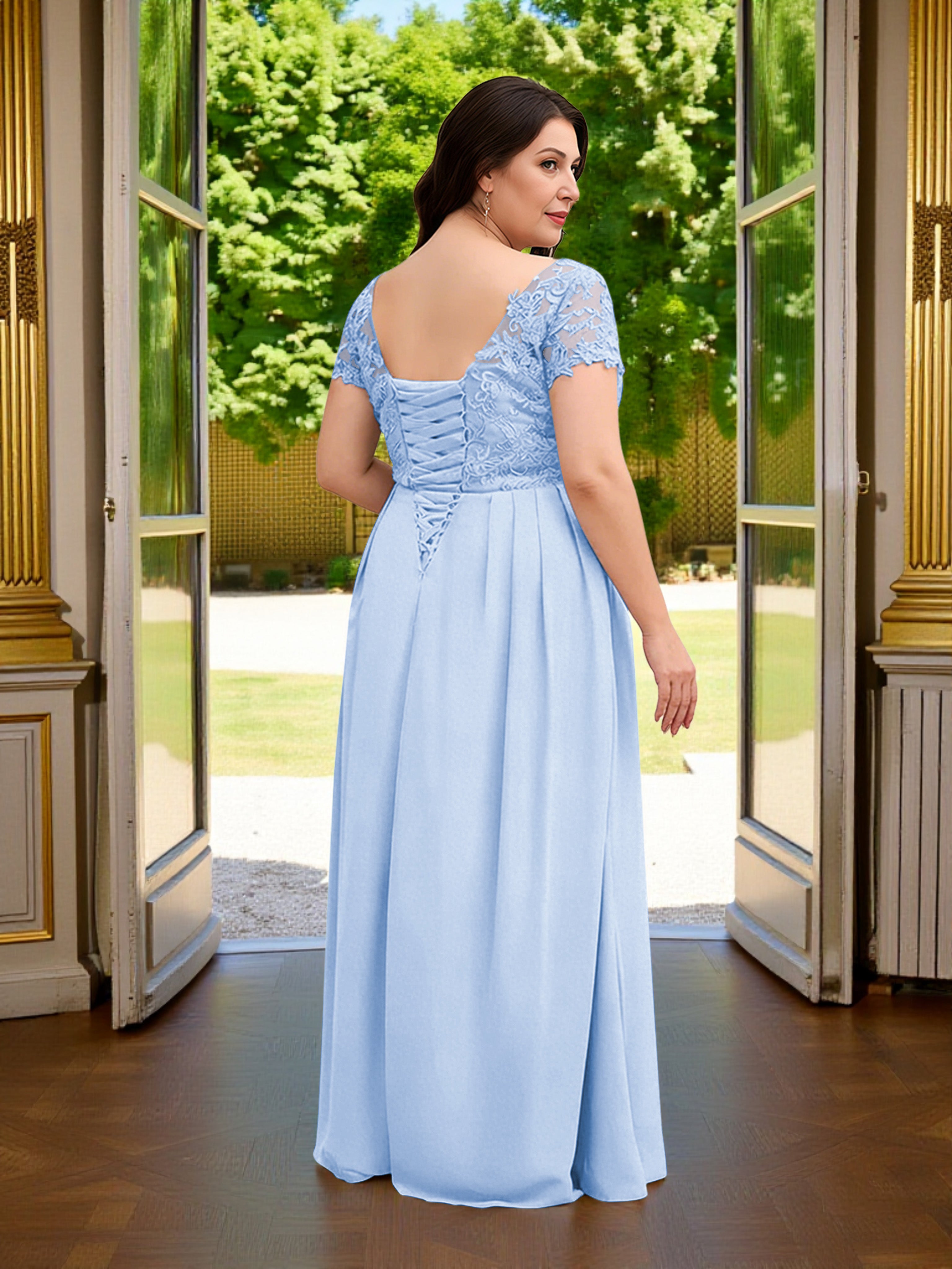 Cicinia Bleu Ciel Robe Grande Taille pour Mère de la Mariée Longue Fourreau en Mousseline Manches Courtes