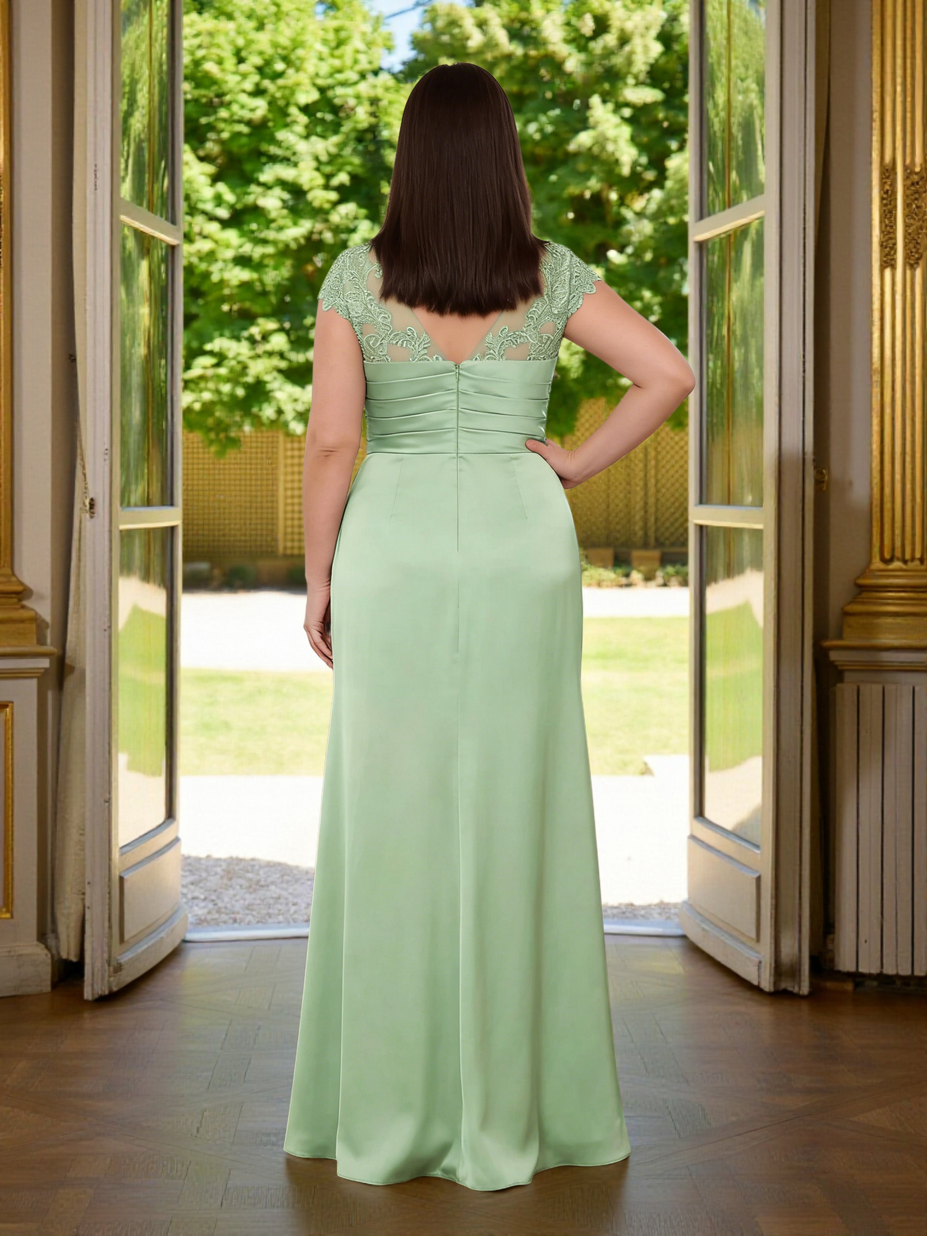 Cicinia Sauge Poussiéreux Robe Grande Taille pour Mère de la Mariée Longue Fourreau en Mousseline Dentelle Longueur Sol