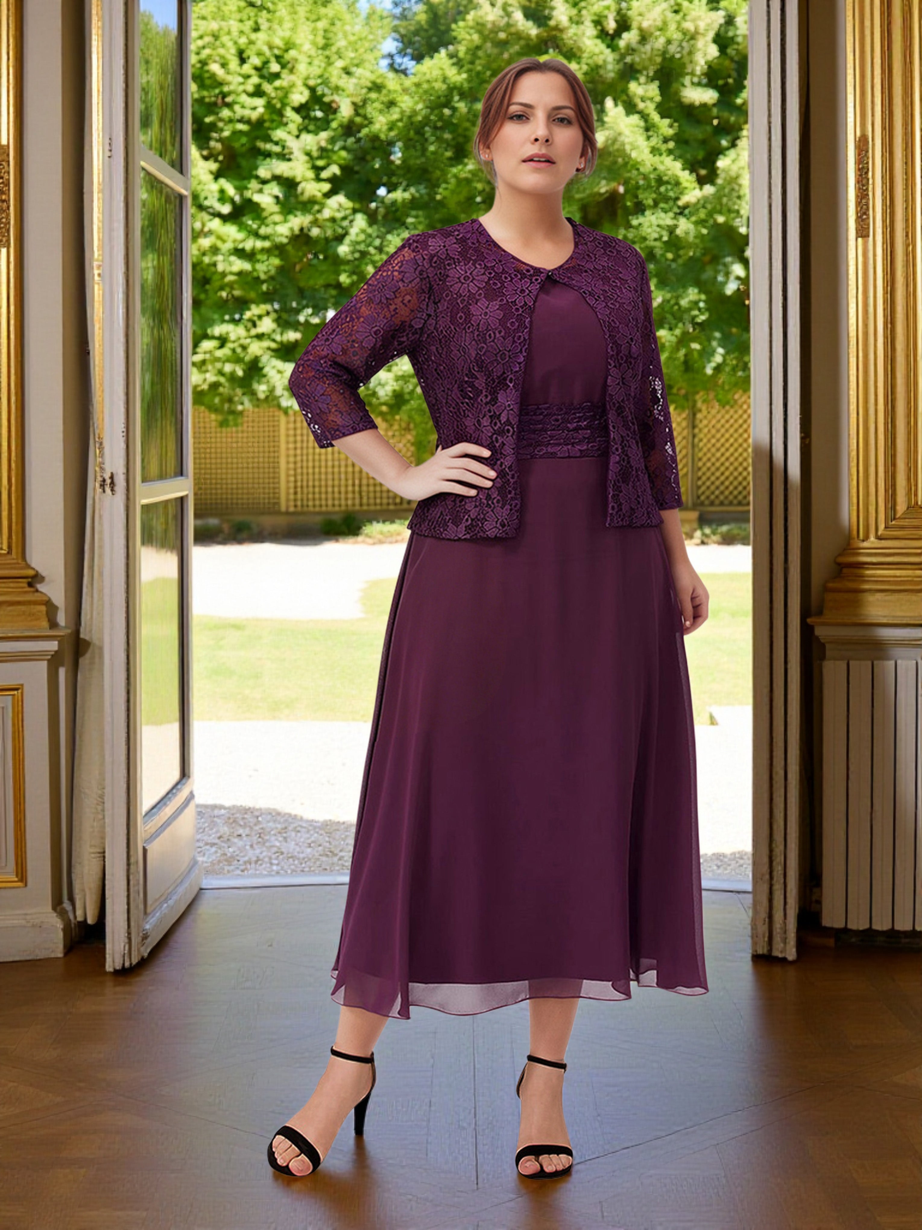 Cicinia Raisin Robe Grande Taille pour Mère de la Mariée 2 Pièces avec Veste Longue A-Line en Mousseline Dentelle Longueur Midi (Thé)