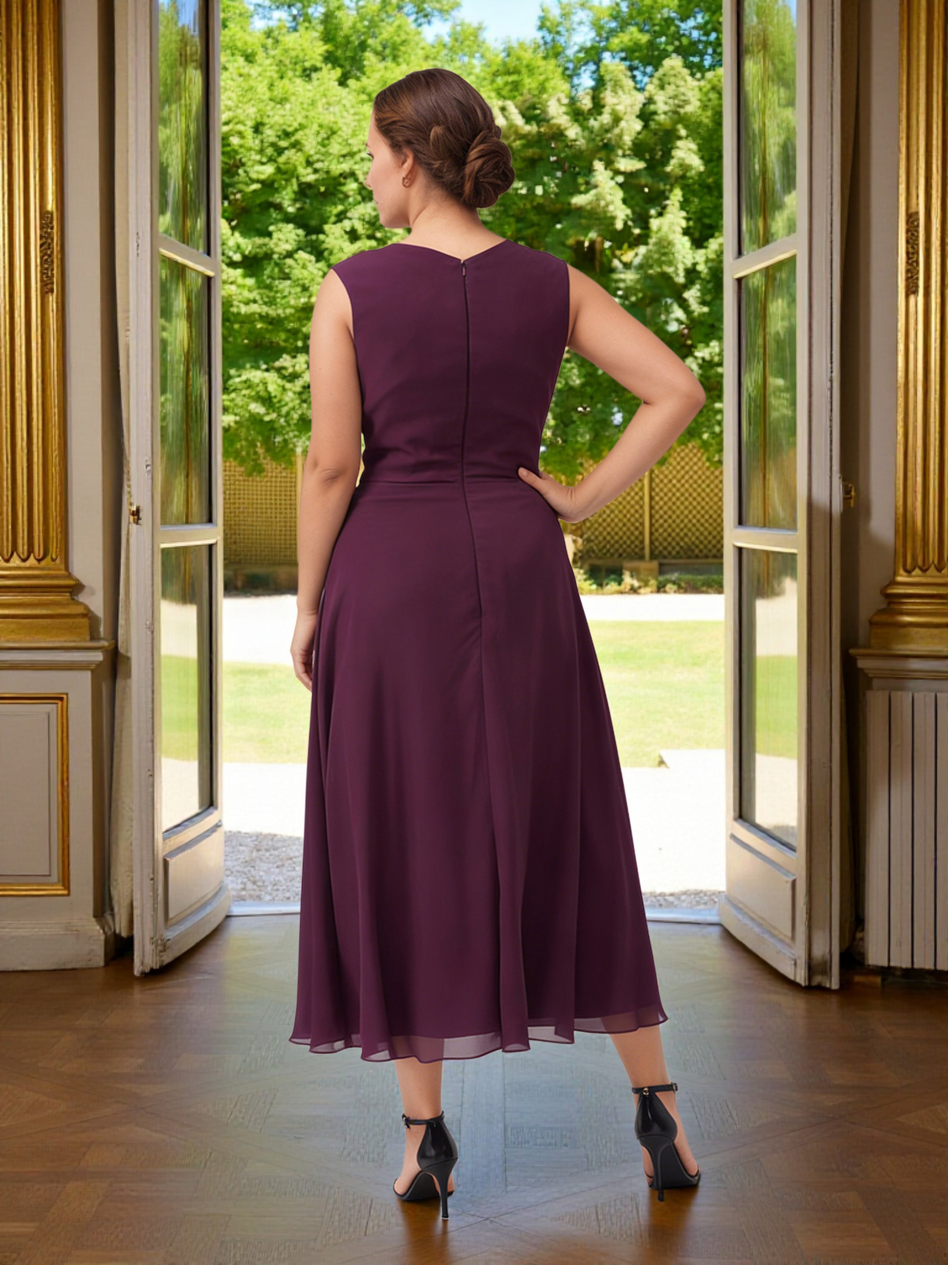 Cicinia Raisin Robe Grande Taille pour Mère de la Mariée 2 Pièces avec Veste Longue A-Line en Mousseline Dentelle Longueur Midi (Thé)
