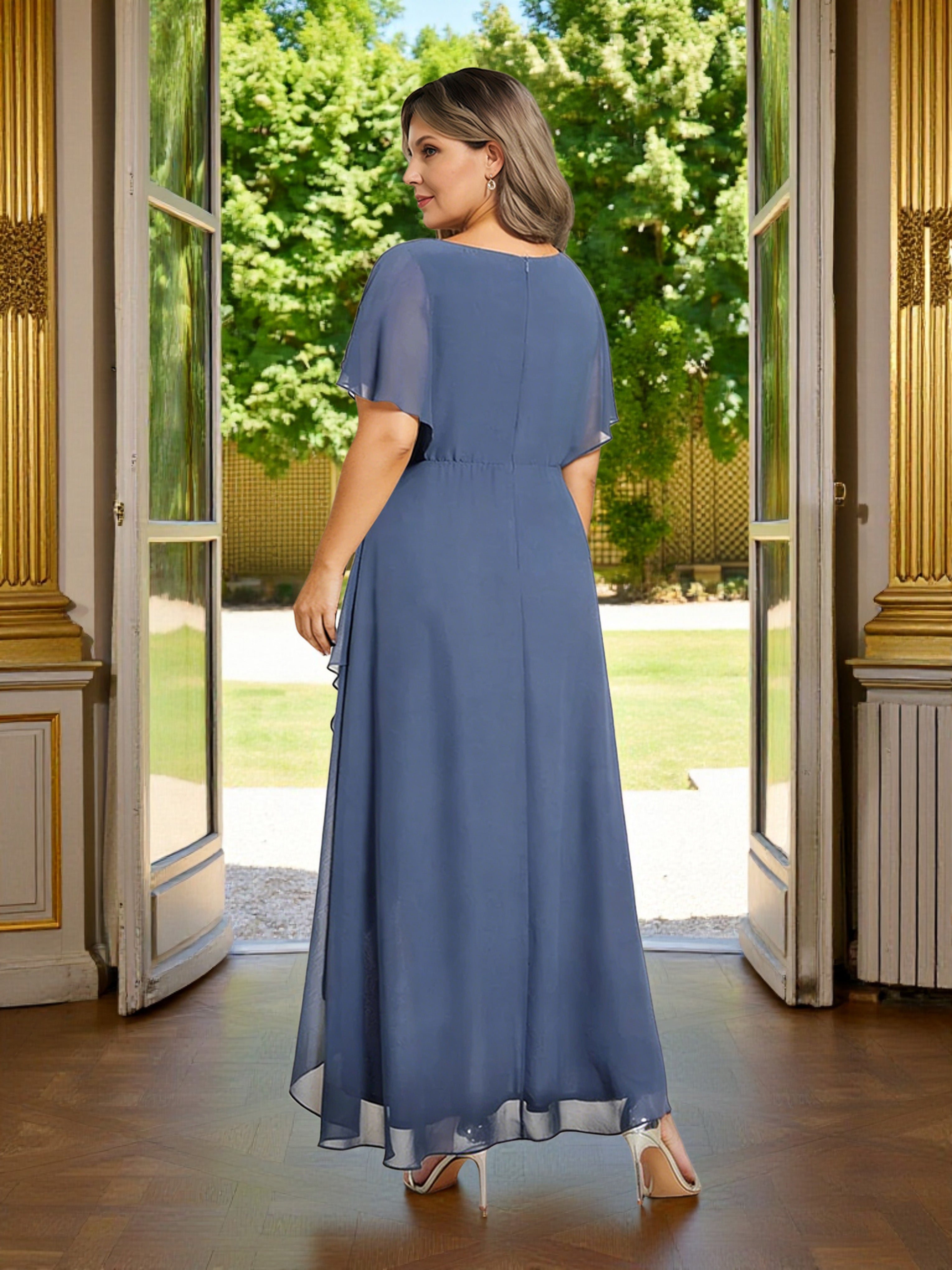 Cicinia Bleu Ardoise Robe Grande Taille pour Mère de la Mariée Longue A-Line en Mousseline Appliqués Dentelle Manches Courtes