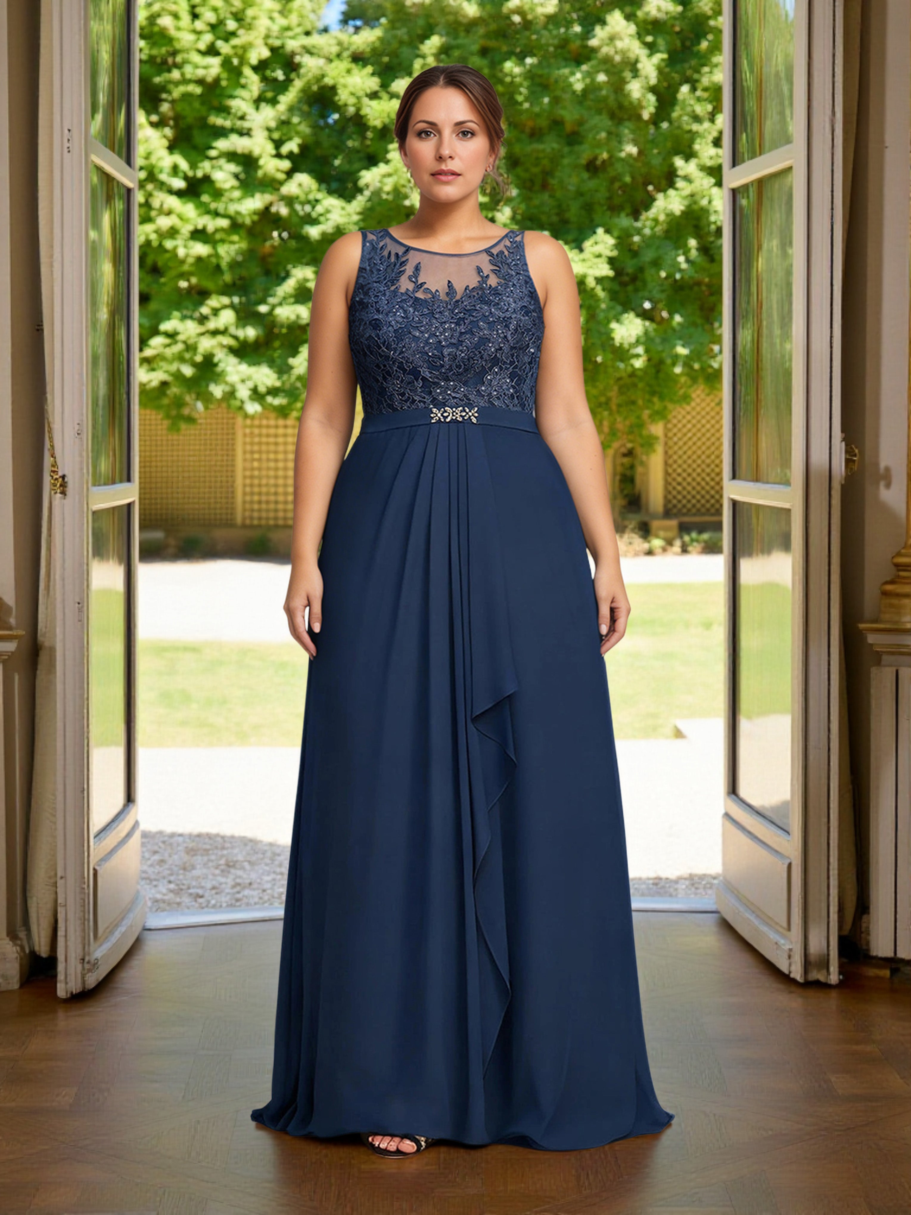 Cicinia Bleu Marine Robe Grande Taille pour Mère de la Mariée 2 Pièces avec Veste Longue A-Line en Mousseline
