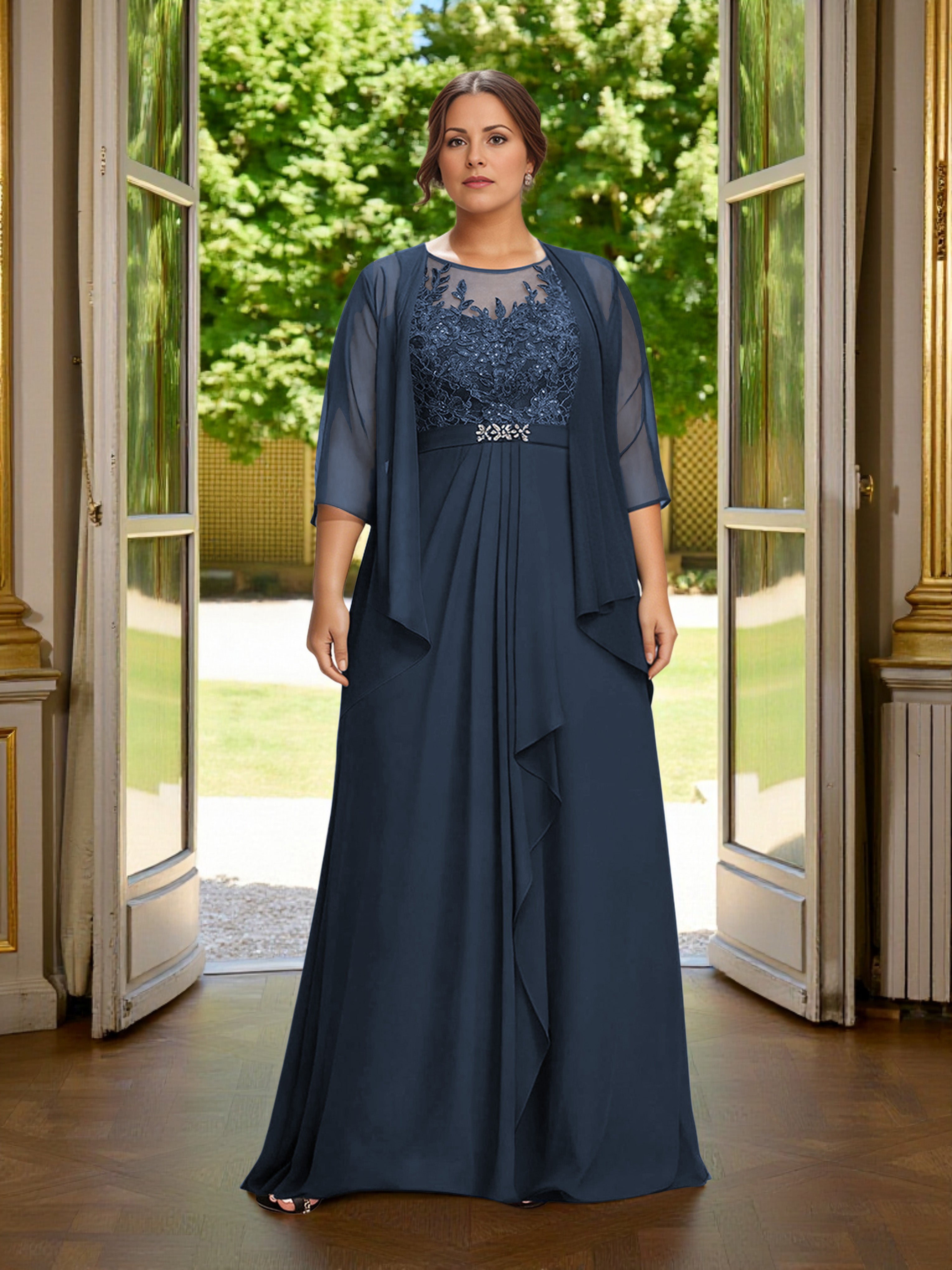 Cicinia Bleu Marine Robe Grande Taille pour Mère de la Mariée 2 Pièces avec Veste Longue A-Line en Mousseline