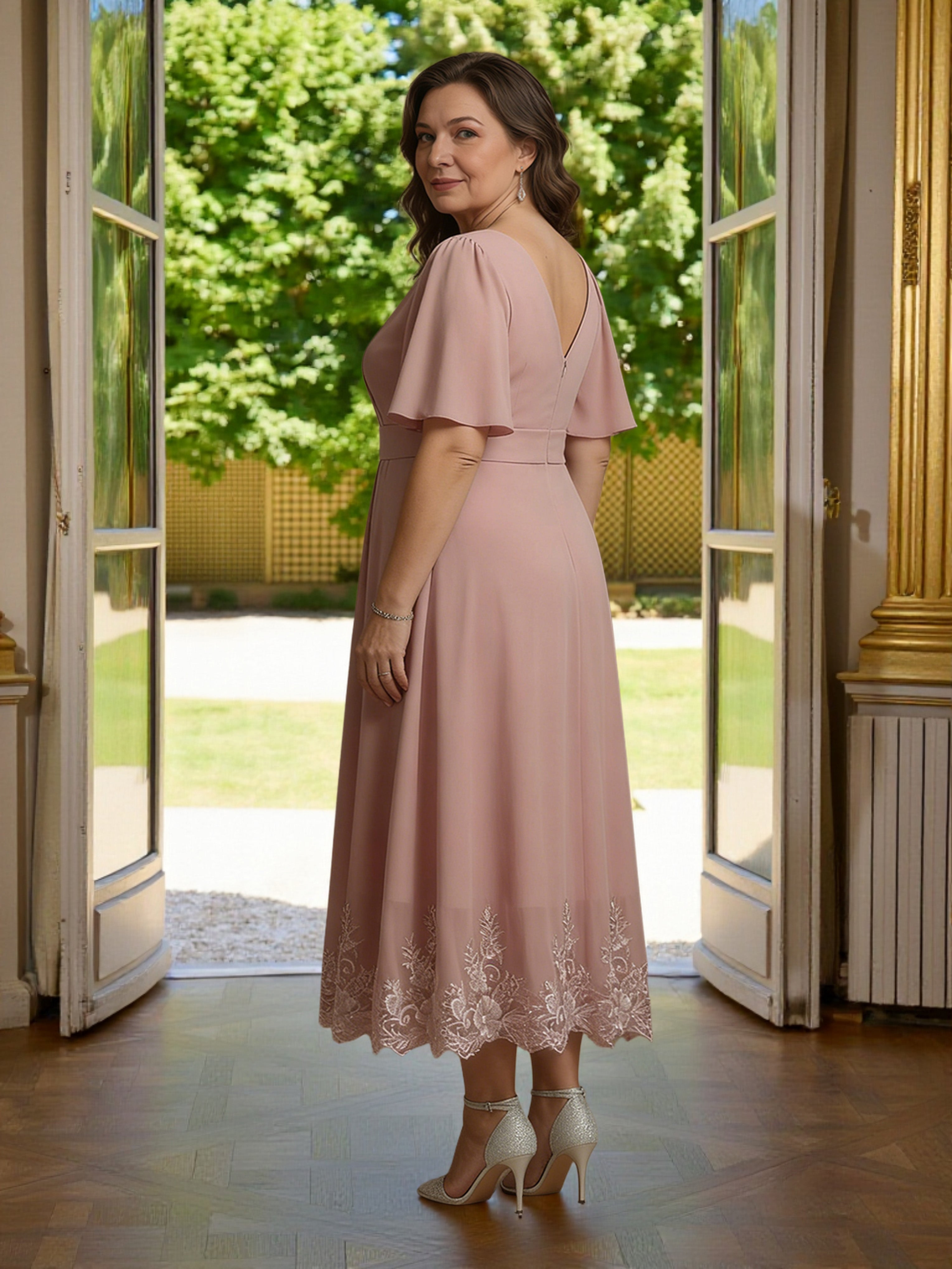 Cicinia Rose Poussiéreux Robe Grande Taille pour Mère de la Mariée Longue A-Line en Mousseline Dentelle Longueur