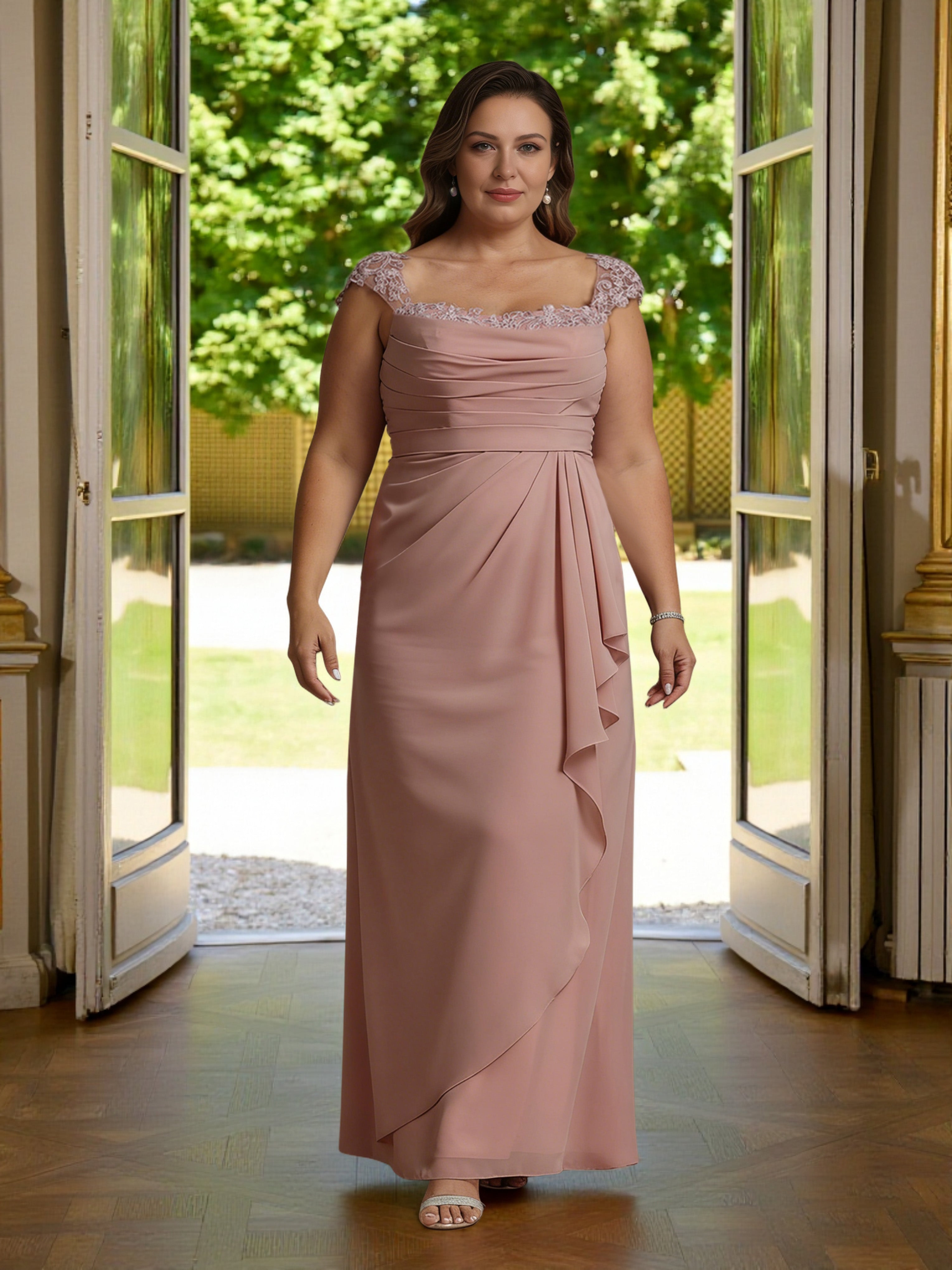 Cicinia Rose Poussiéreux Robe Grande Taille pour Mère de la Mariée Longue Fourreau en Mousseline à Plis